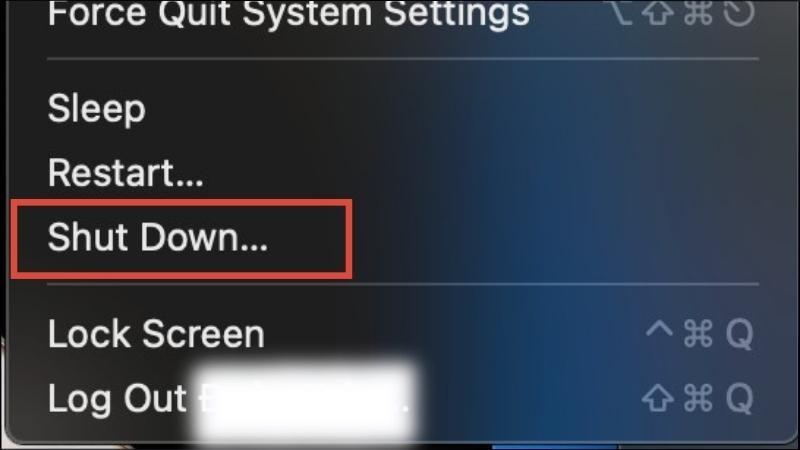 Chọn v&agrave;o biểu tượng của thương hiệu Apple > Nhấn Shutdown