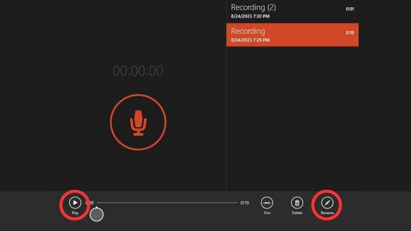 Nhấn Nút Play để nghe lại hoặc Chọn Rename để đổi tên file