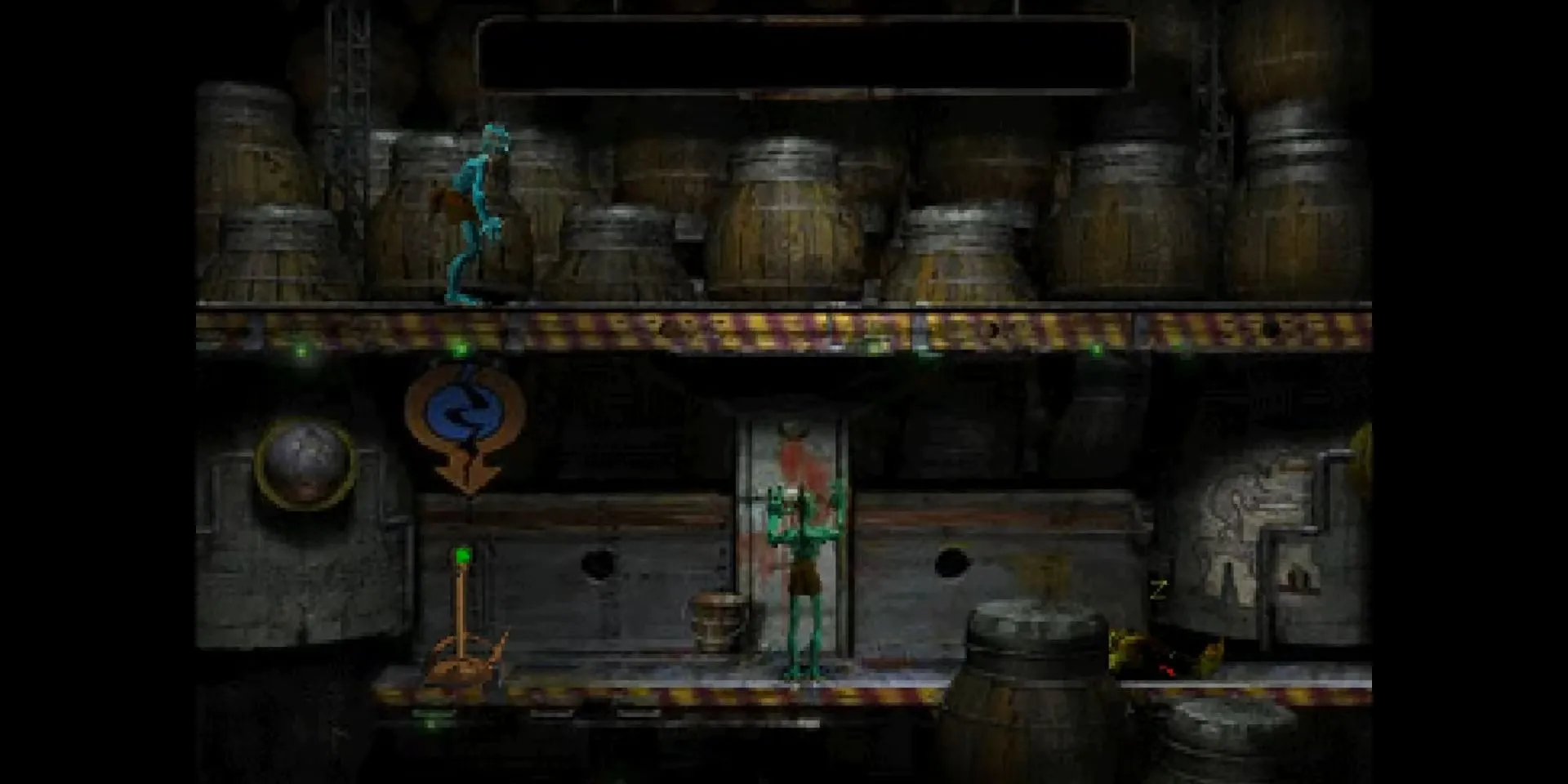 Abe trong nhà máy RuptureFarms của Oddworld: Abe's Oddysee, cho thấy sự kết hợp giữa bối cảnh công nghiệp và nhân vật 3D trên nền tĩnh