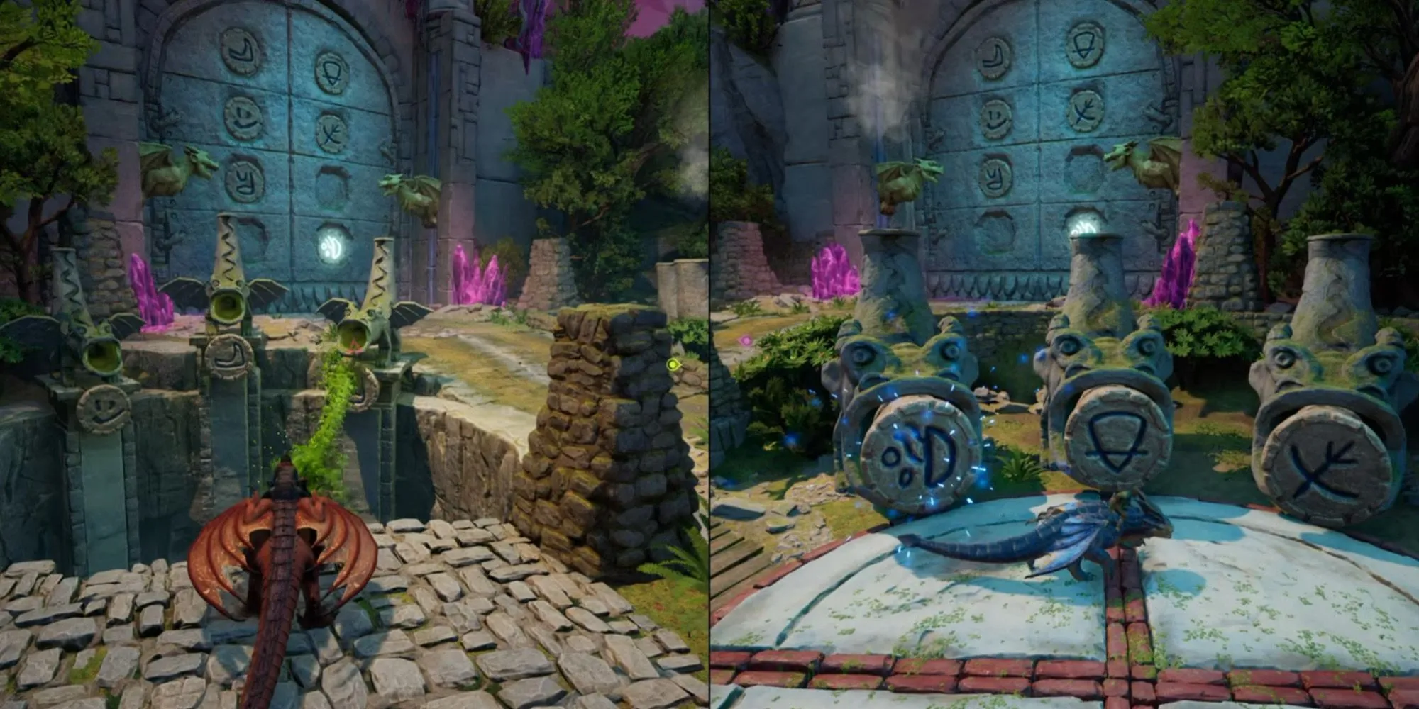 Alt: Cánh cửa Rồng trong game Split Fiction với dãy ký hiệu cần giải đố từ dưới lên