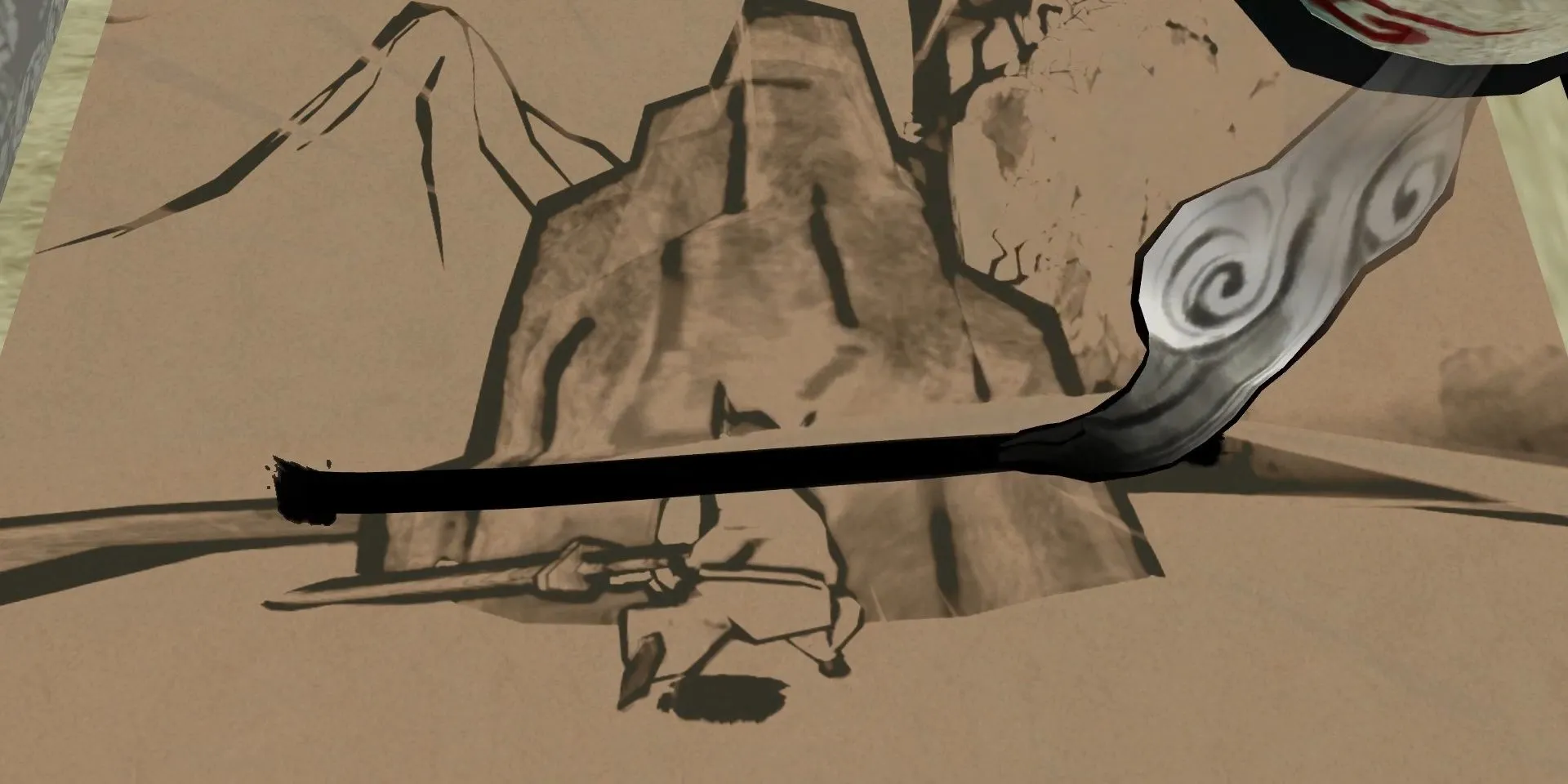 Amaterasu giúp Susano chém tảng đá bằng Celestial Brush trong Okami