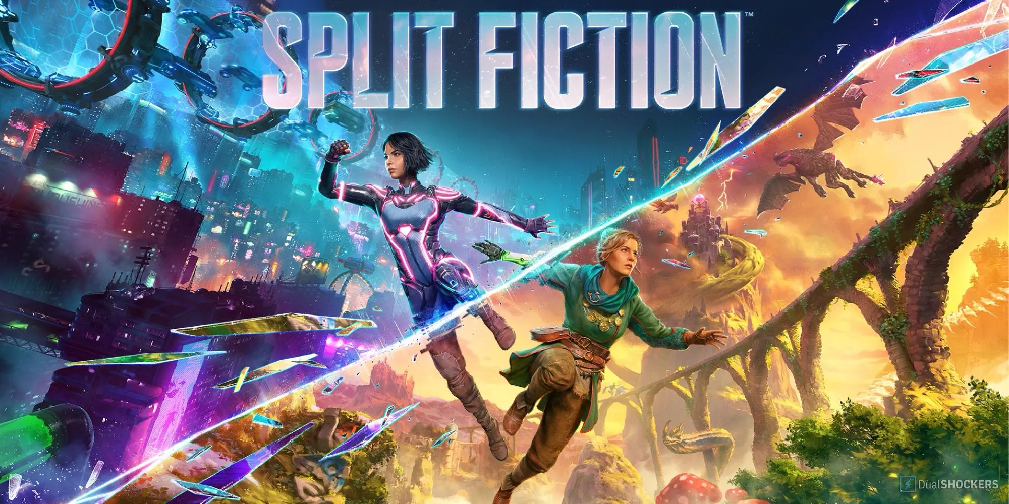 Ảnh bìa chính thức của game Split Fiction thể hiện hai nhân vật chính trong một thế giới kỳ ảo
