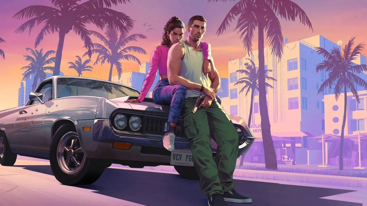 Ảnh bìa chính thức của GTA 6 với khung cảnh Vice City và hai nhân vật chính