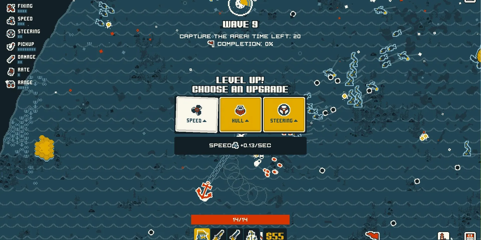 Ảnh chụp màn hình demo Nautical Survival, người chơi đang nâng cấp các chỉ số.