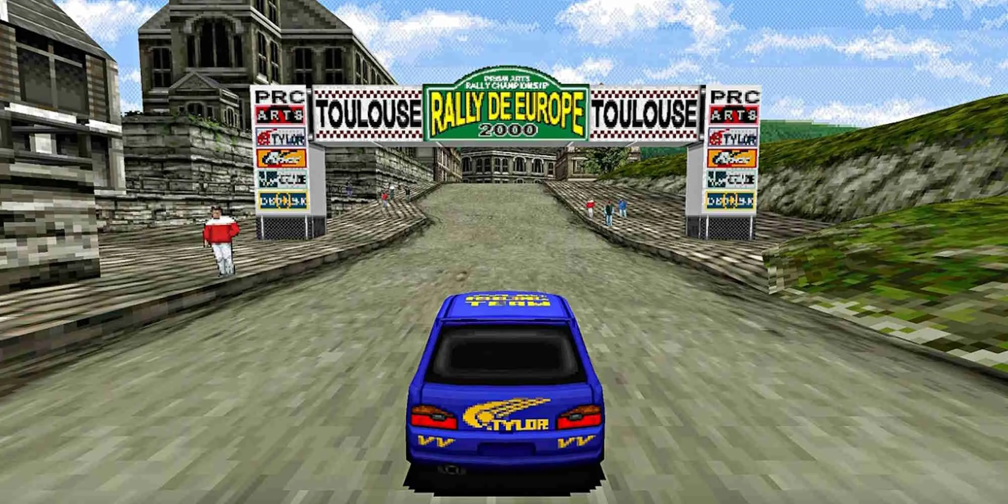 Ảnh chụp màn hình game Rally De Europe PS1 với chiếc xe đua đang drift trên đường đất