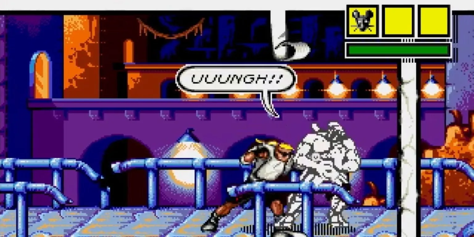 Ảnh chụp màn hình một pha chiến đấu trong Comix Zone với các khung truyện tranh đặc trưng