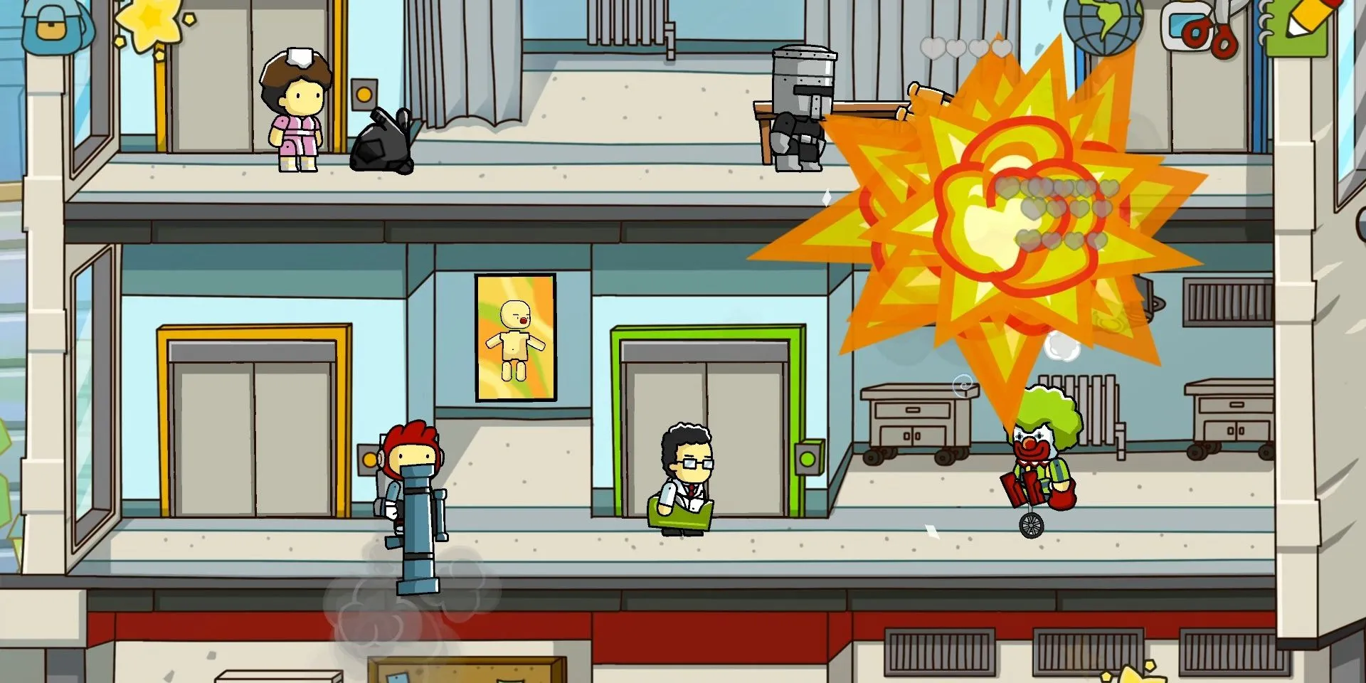 Ảnh chụp màn hình Scribblenauts Unlimited, Maxwell dùng súng phóng tên lửa vào một chú hề để giải đố