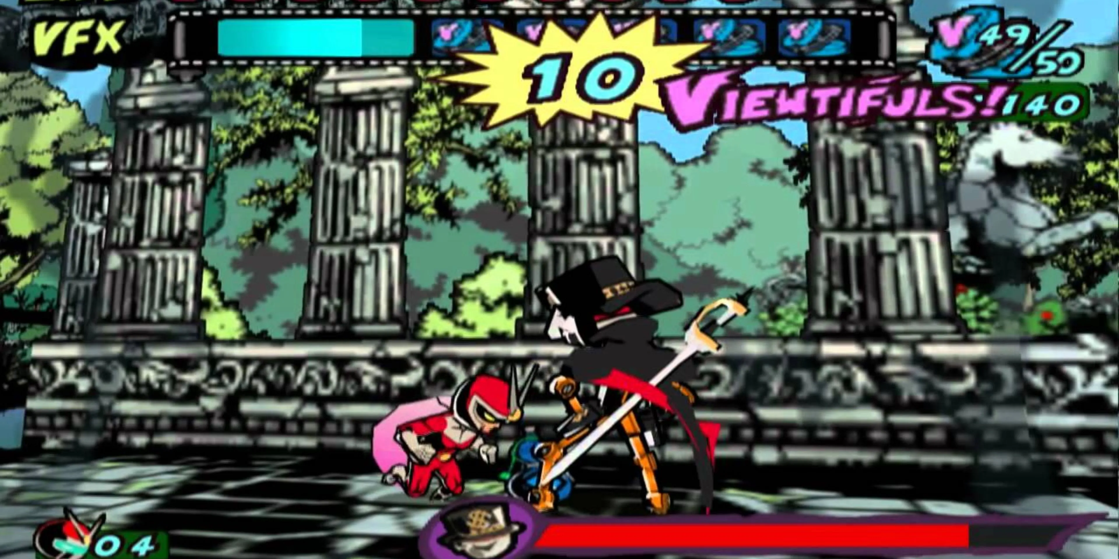 Ảnh chụp màn hình Viewtiful Joe trong một trận chiến đầy màu sắc