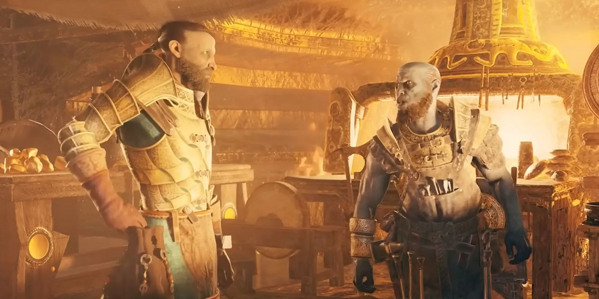 Anh em Huldra Brok và Sindri từ God of War đang đứng trong xưởng rèn