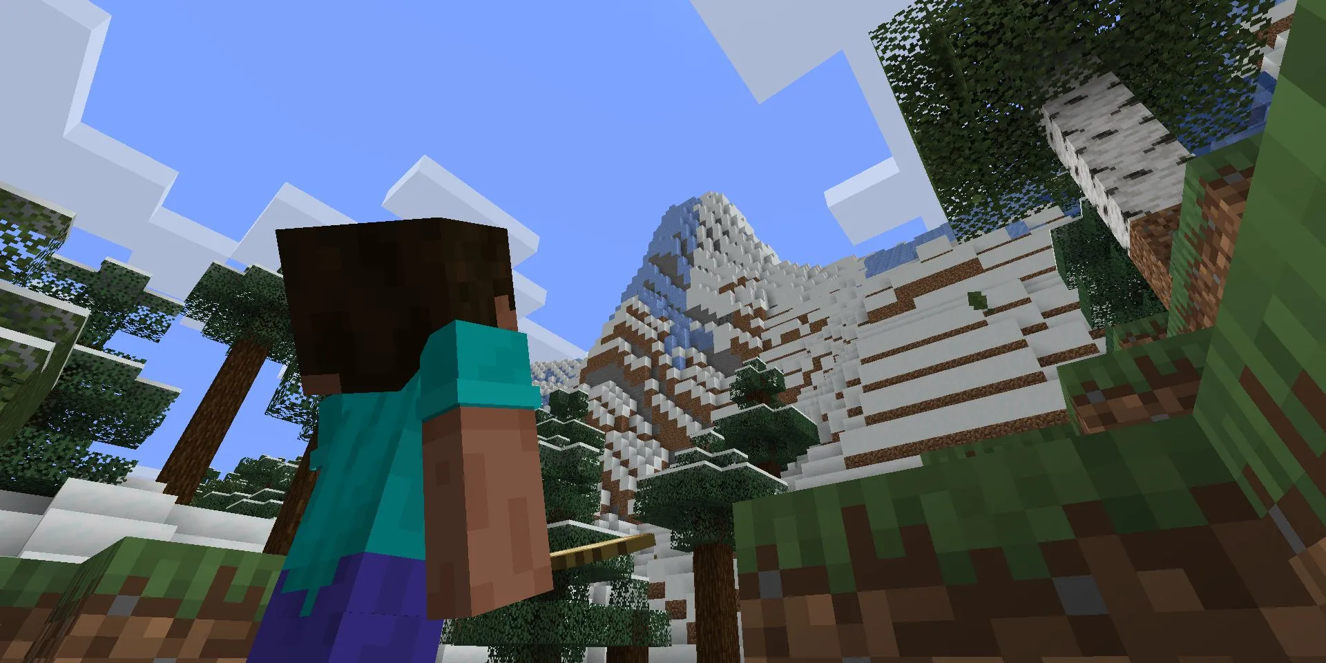 Ảnh Steve nhìn lên vách núi cao trong Minecraft, minh họa địa hình mới