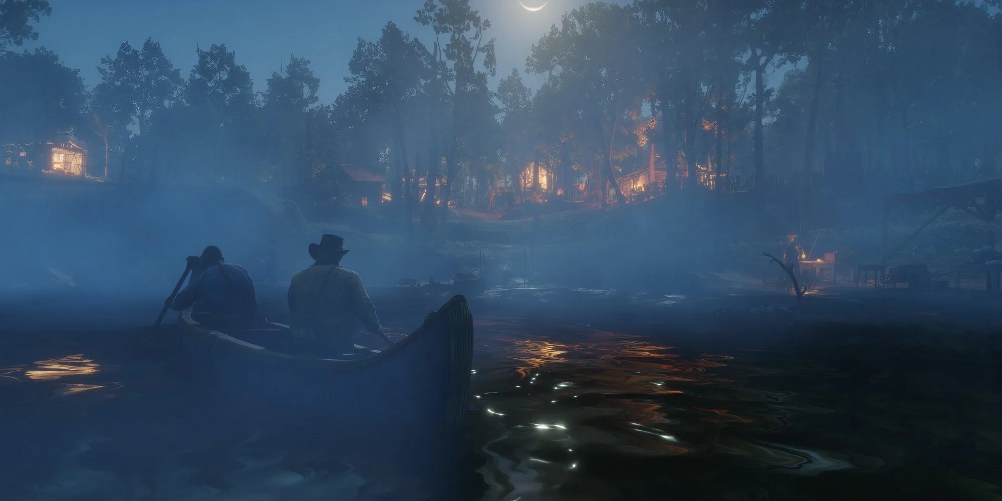 Arthur Morgan chèo thuyền cùng một nhân vật dưới ánh trăng trong Red Dead Redemption 2, gợi ý về việc tận hưởng thế giới game một cách chậm rãi.