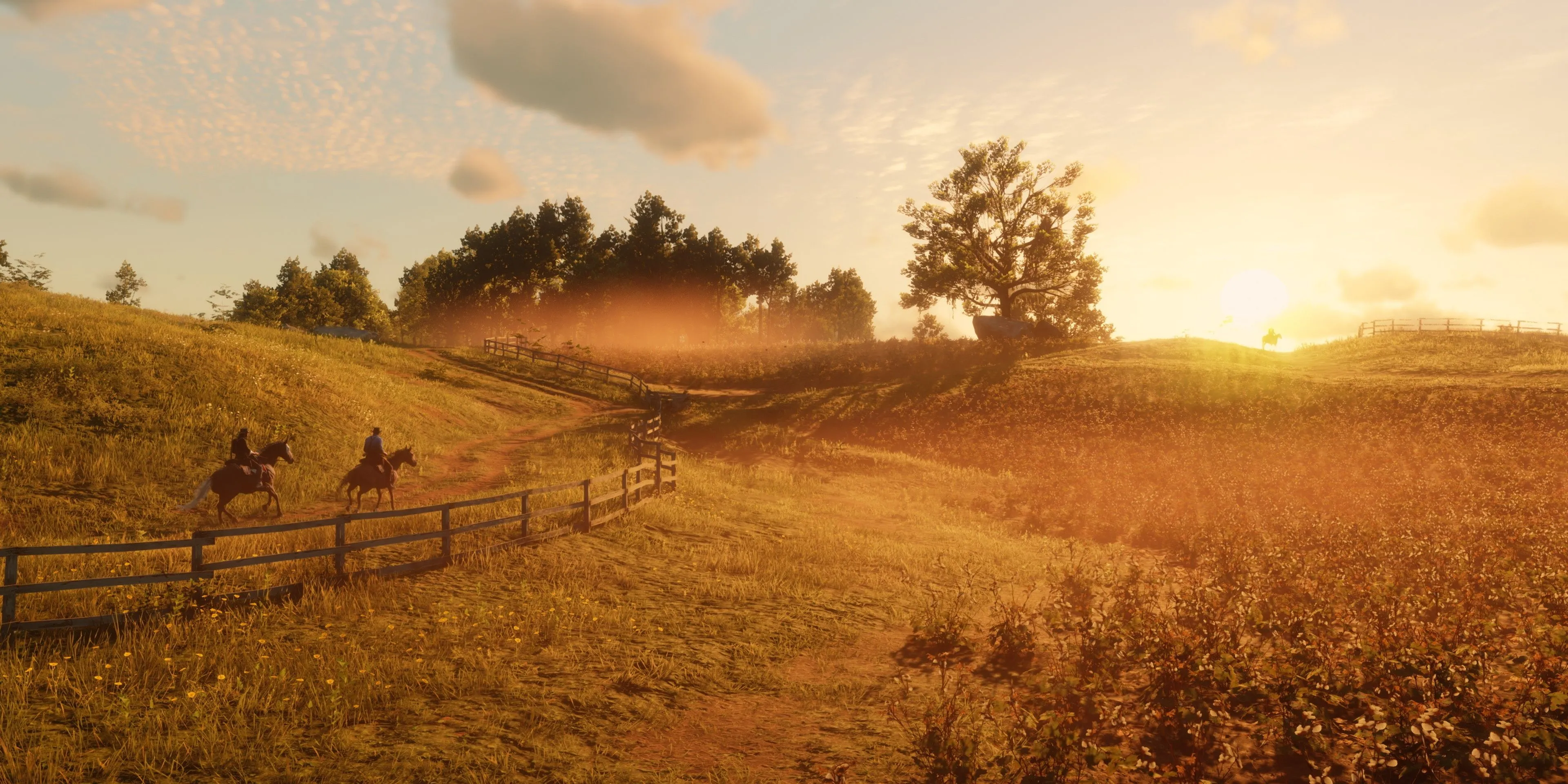 Arthur Morgan cưỡi ngựa băng qua đồng bằng rộng lớn trong Red Dead Redemption 2