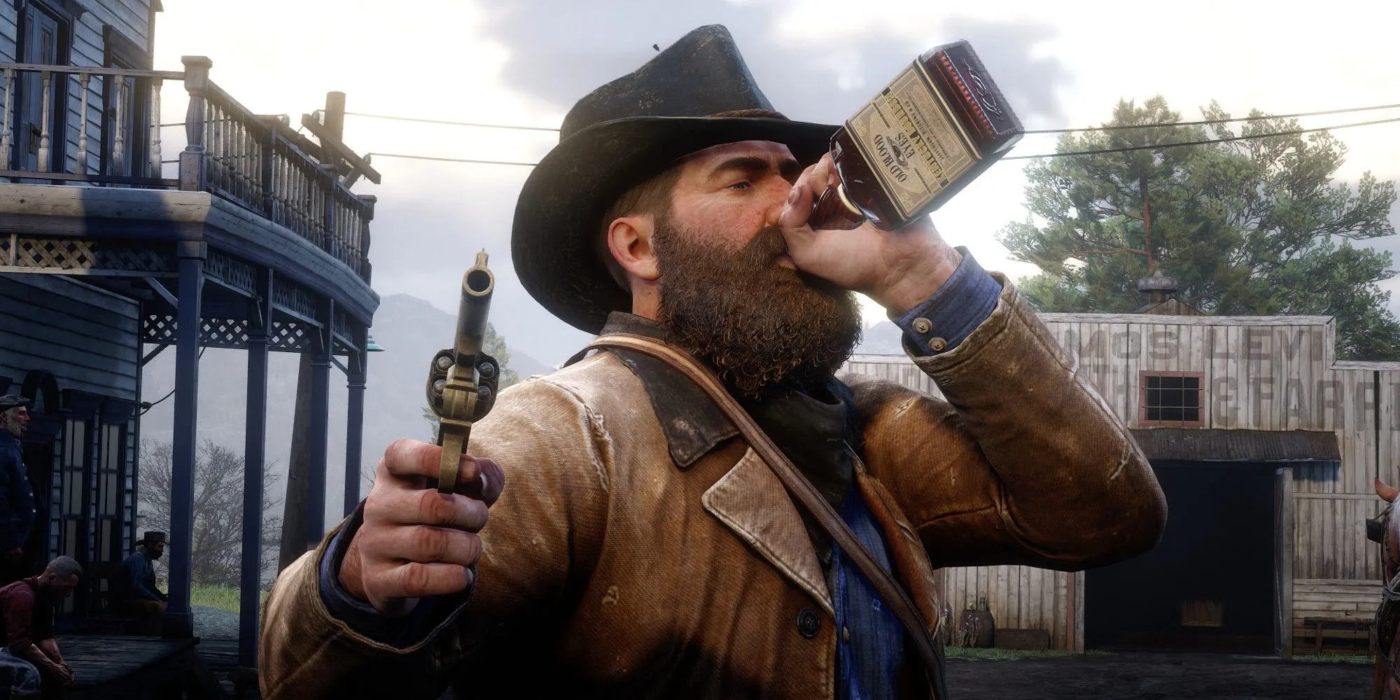 Arthur Morgan uống rượu whiskey trong khi ngắm bắn súng lục ổ quay trong Red Dead Redemption 2, thể hiện khía cạnh nổi loạn.