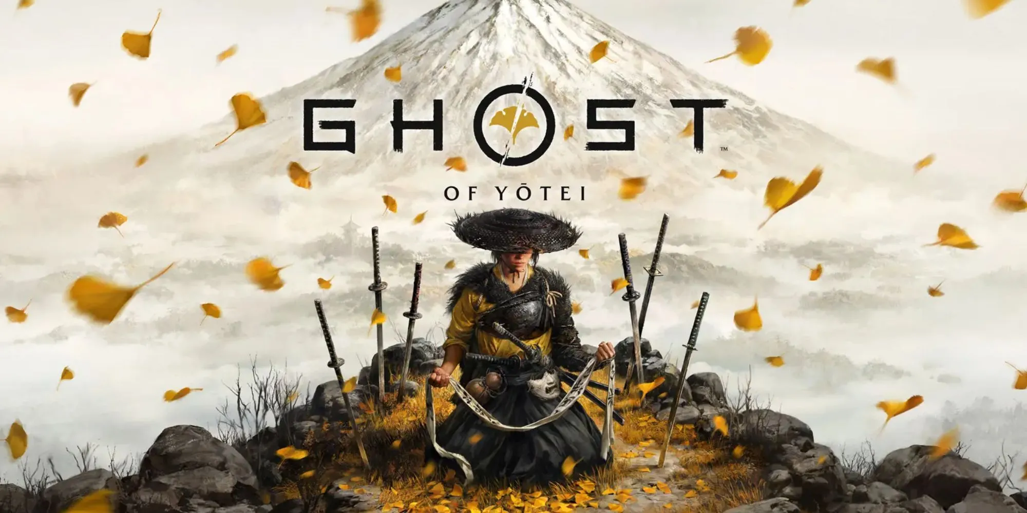 Artwork nhân vật chính Atsu trong Ghost of Yotei đứng giữa khung cảnh núi non hùng vĩ