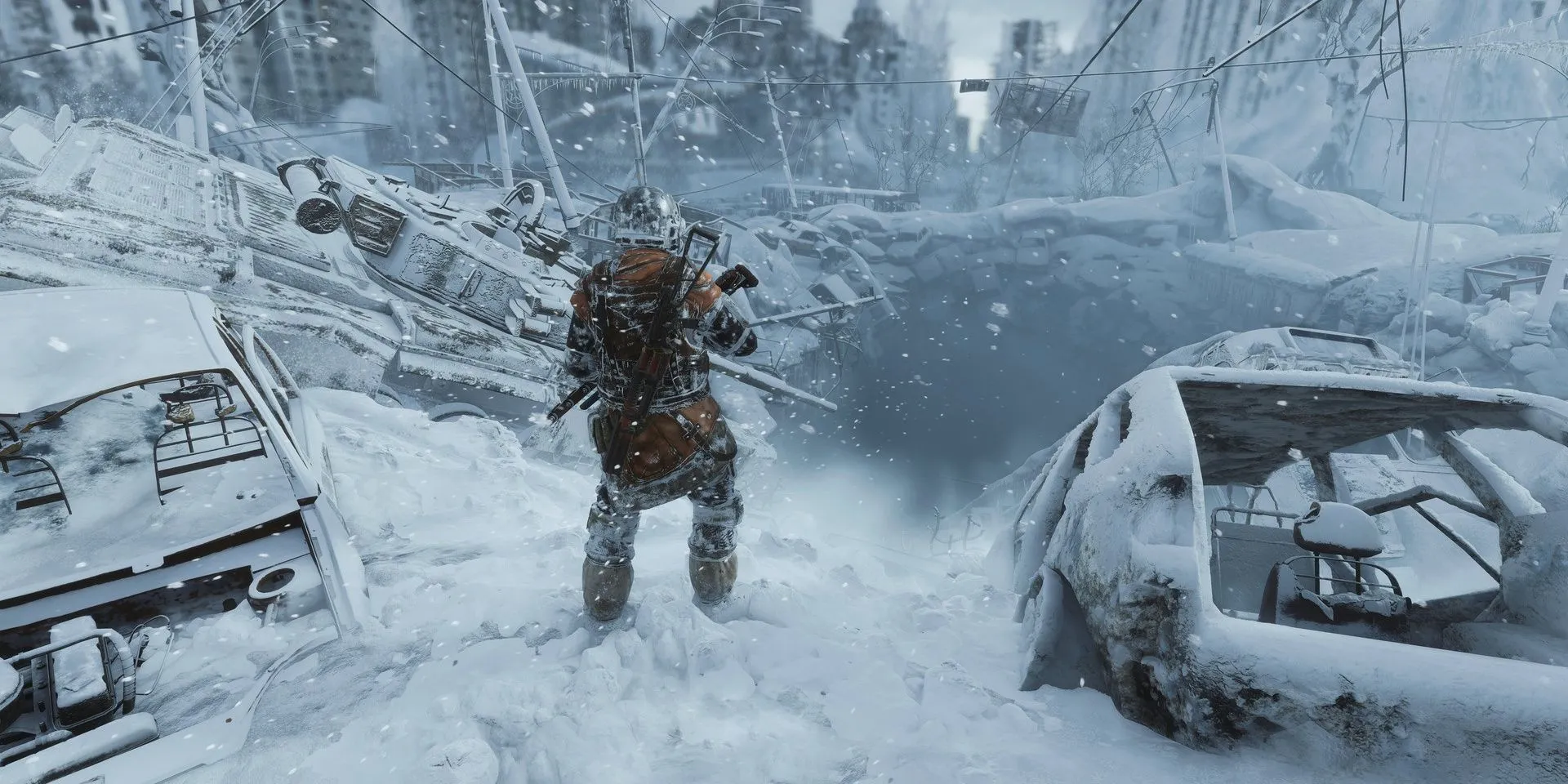 Artyom di chuyển qua khu vực Volga đầy tuyết trong Metro Exodus