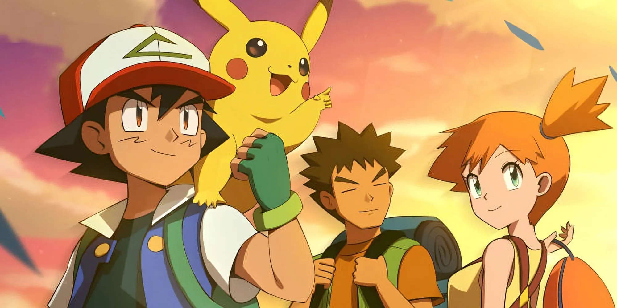 Ash, Brock, Pikachu và Misty trong series Pokemon nhìn về phía hoàng hôn
