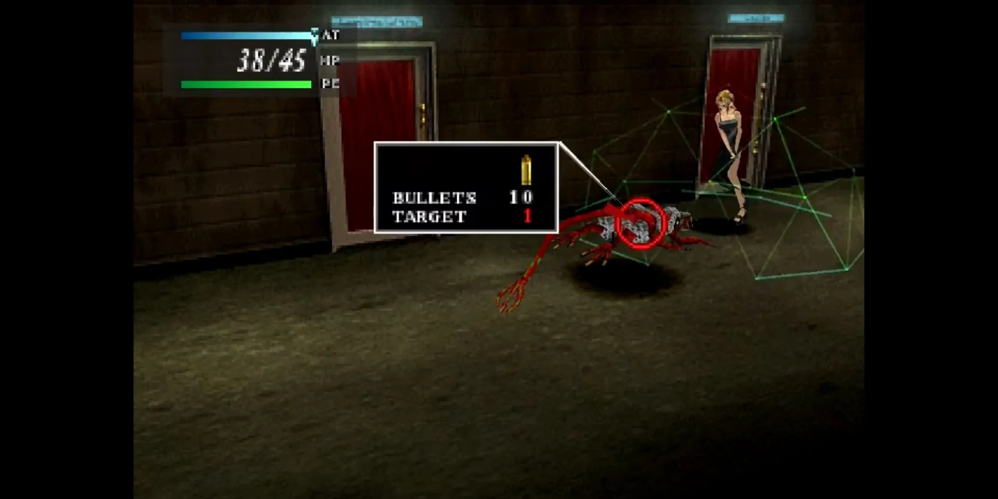 Aya Brea đối đầu quái vật trong Parasite Eve với cơ chế ATB kết hợp di chuyển tự do.