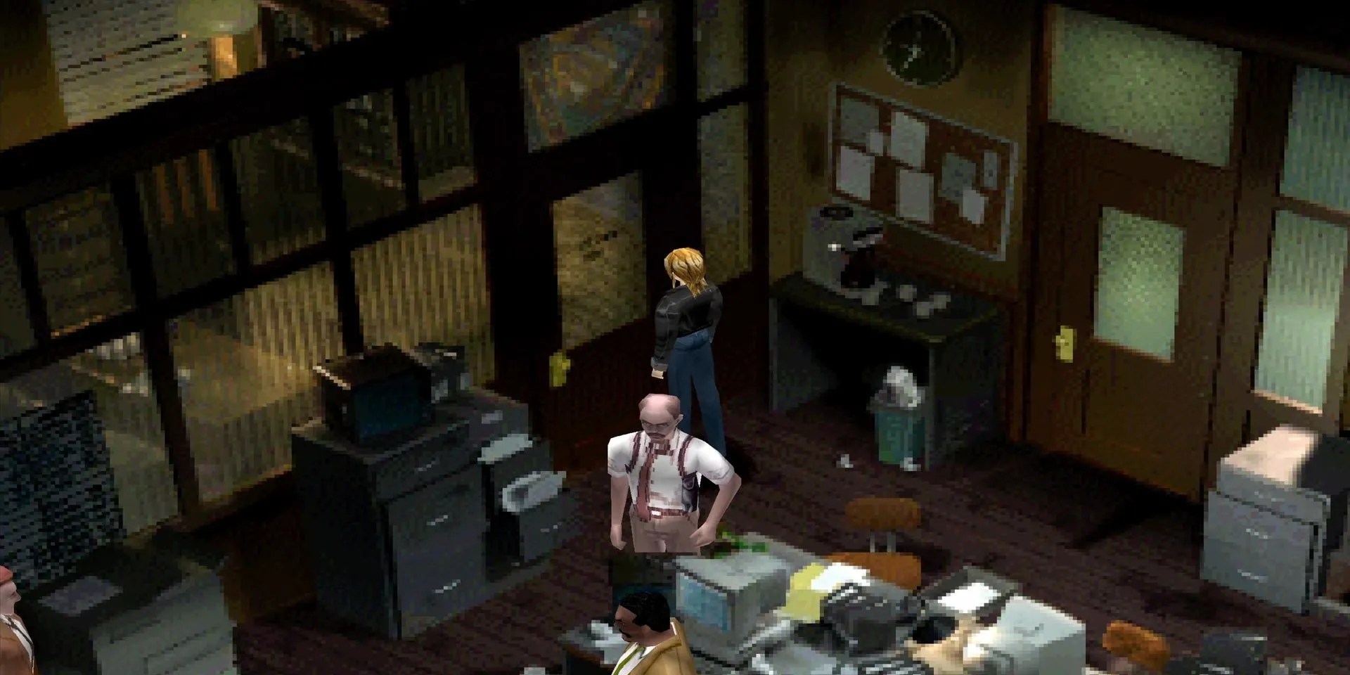 Aya Brea tại đồn cảnh sát NYPD trong Parasite Eve, minh họa độ chân thực của nền tĩnh trong game