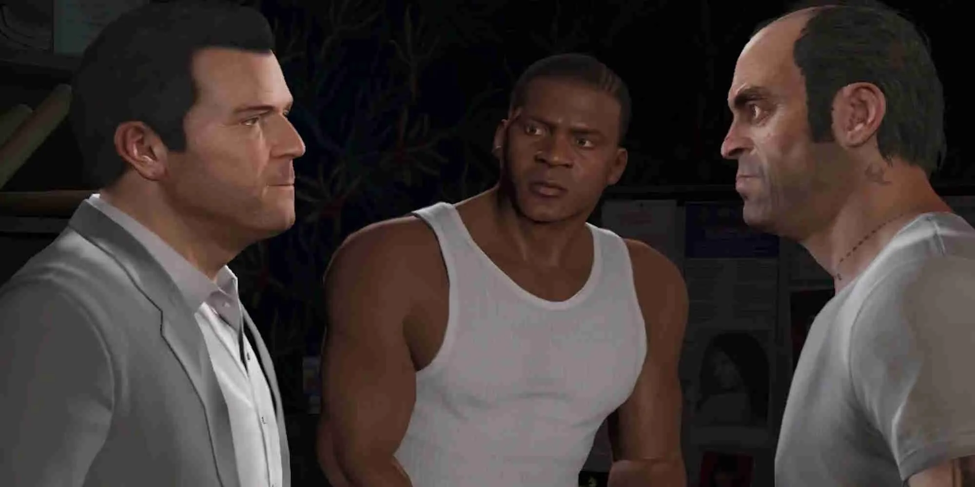 Ba nhân vật chính của Grand Theft Auto V đứng trước một chiếc xe hơi thể thao, biểu tượng cho thế giới tội phạm rộng lớn và đầy cơ hội của game.