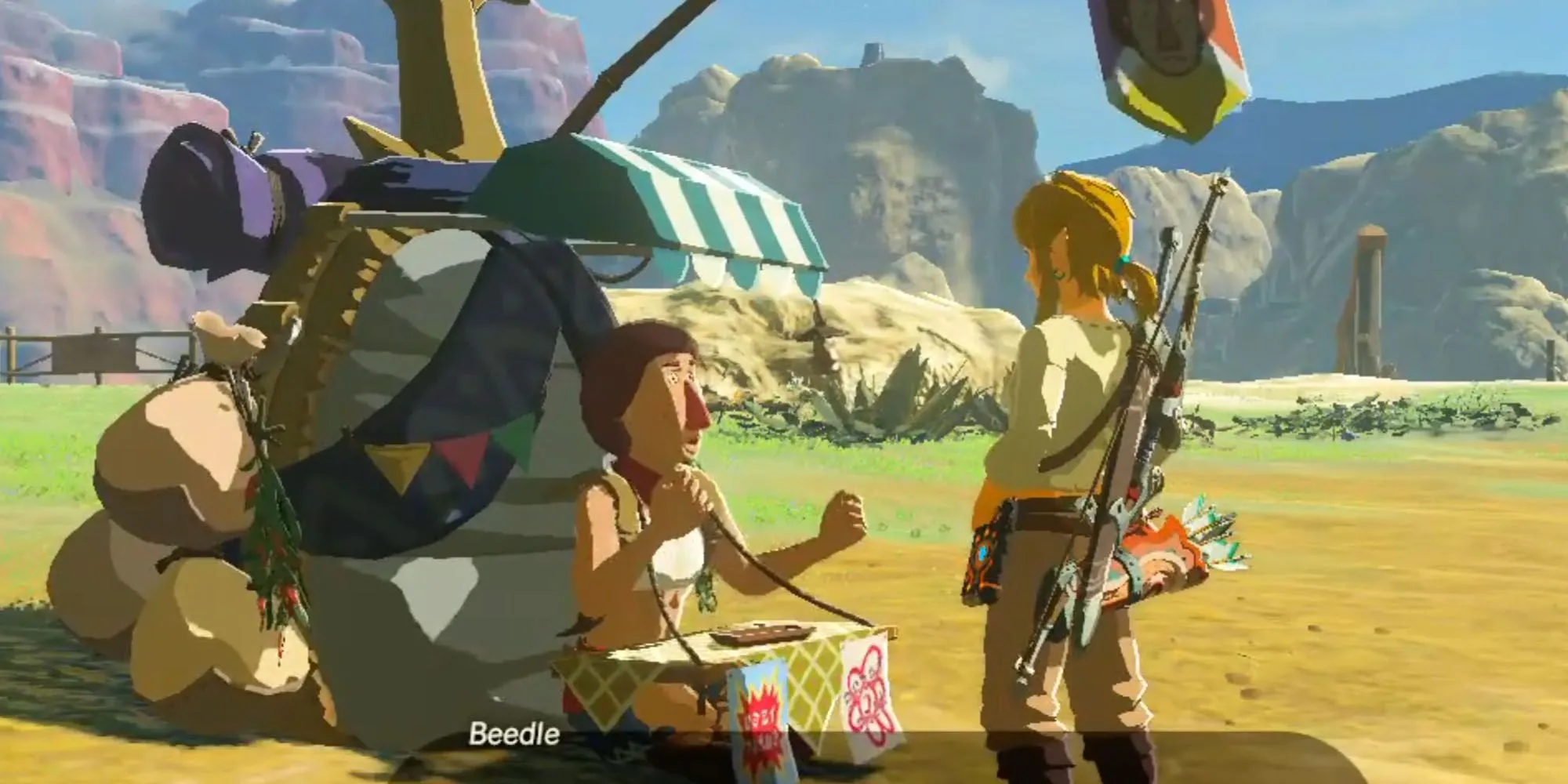 Beedle, thương nhân lang thang trong The Legend of Zelda: Breath of the Wild, với chiếc túi hình bọ cánh cứng
