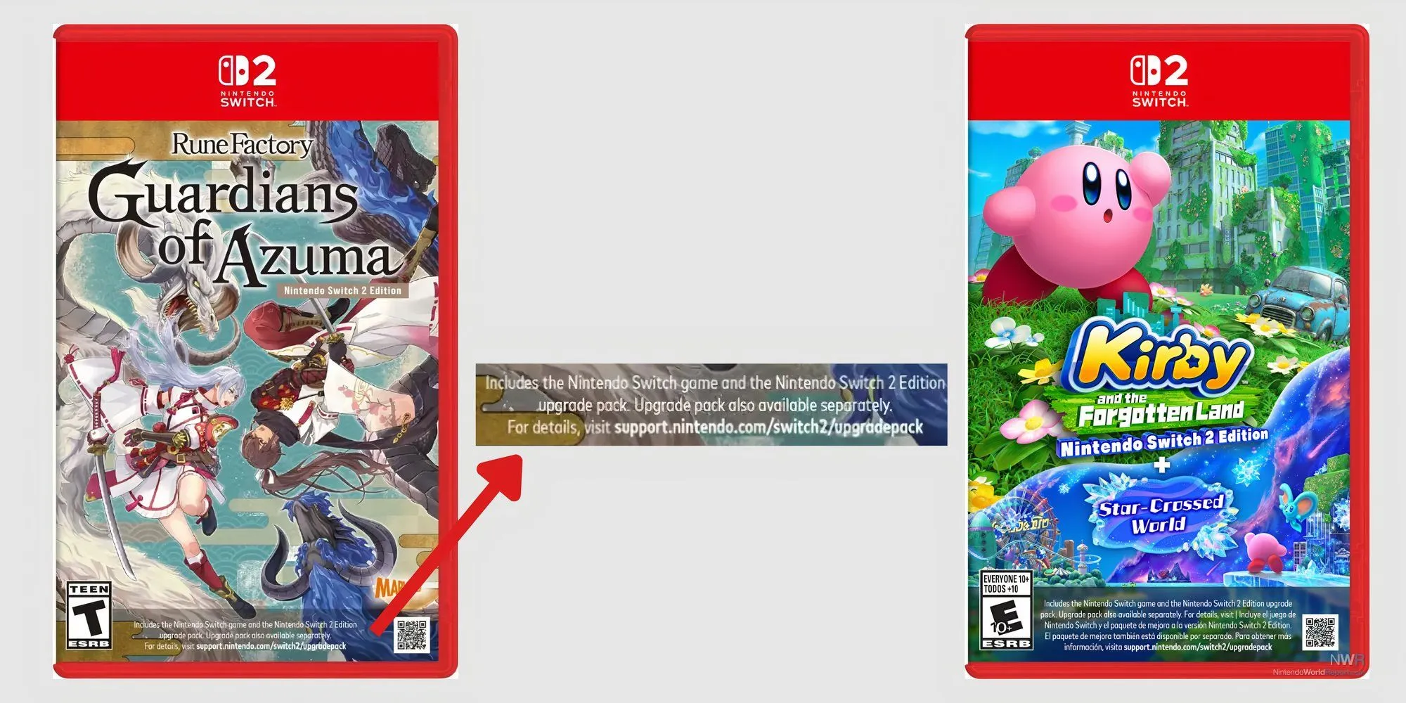 Bìa game Rune Factory Guardians of Azuma và Kirby có dòng chữ "includes Switch 2 Edition"
