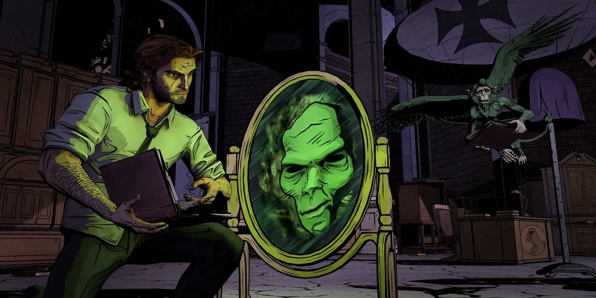Bigby Wolf và chiếc gương thần kỳ trong The Wolf Among Us thể hiện phong cách truyện tranh đặc trưng