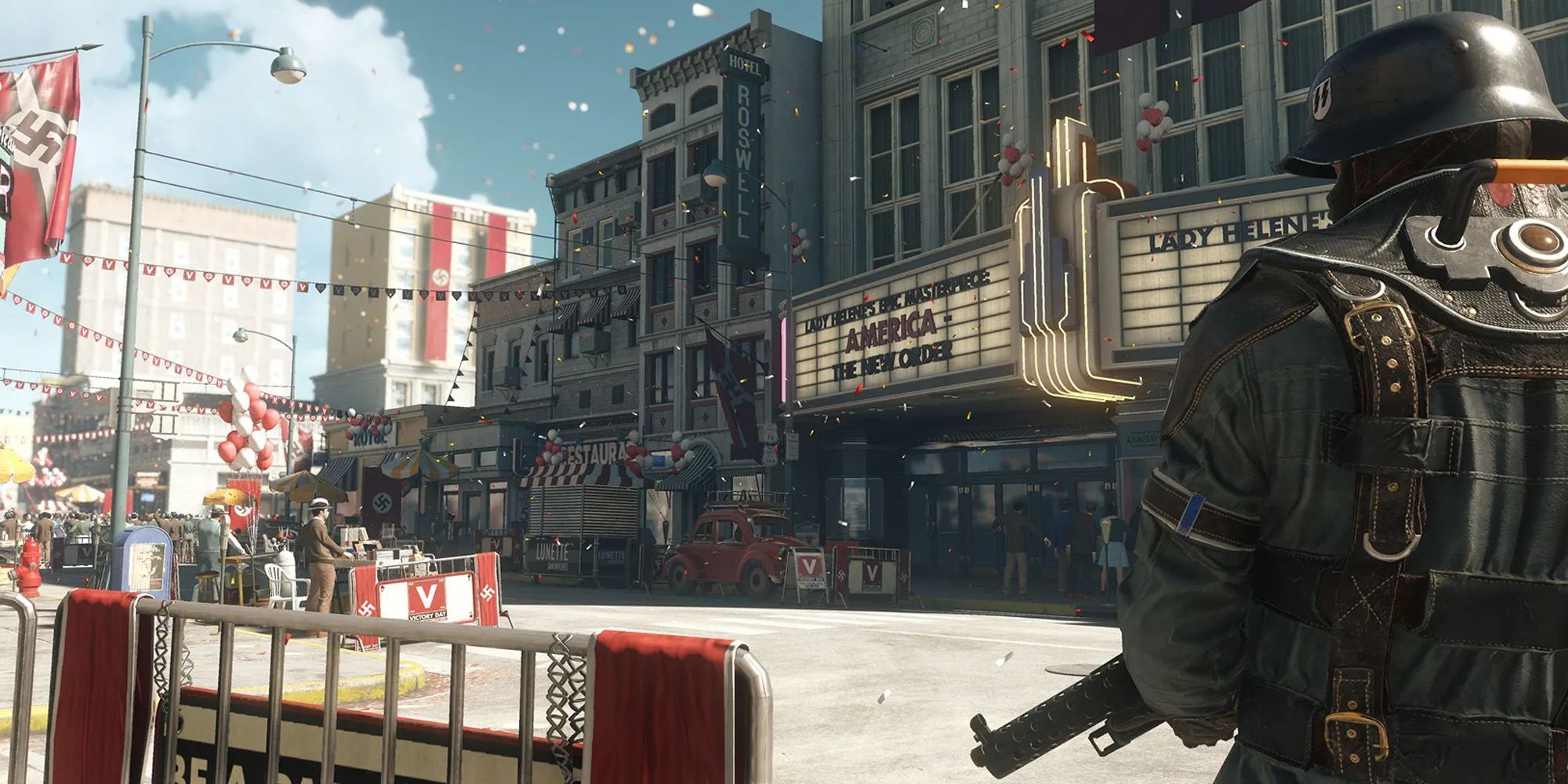 B.J. Blazkowicz chiến đấu với lính Đức Quốc xã trong một hành lang của lâu đài Wolfenstein với vũ khí hạng nặng