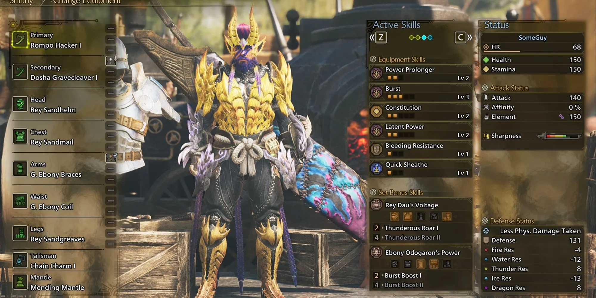 Bộ trang bị Long Sword Low Rank trong Monster Hunter Wilds, hiển thị các chỉ số và kỹ năng chính