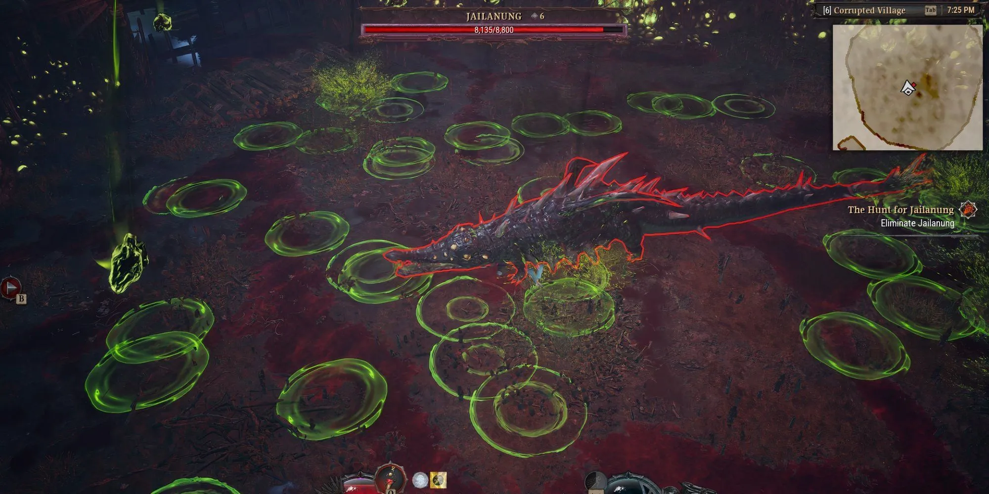 Boss Jailanung tạo ra Mưa Axit với các vòng tròn xanh báo hiệu khu vực nguy hiểm trong Dragonkin The Banished