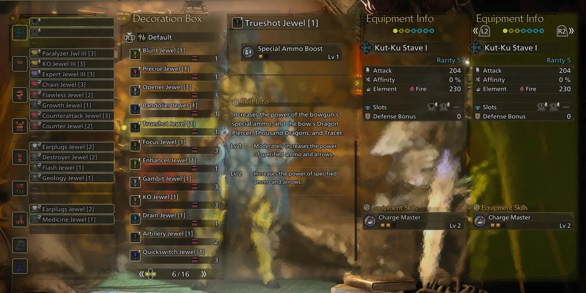 Các Decoration Trueshot Jewel và Precise Jewel tăng cường sức mạnh và tầm bắn cho Cung trong Monster Hunter Wilds.