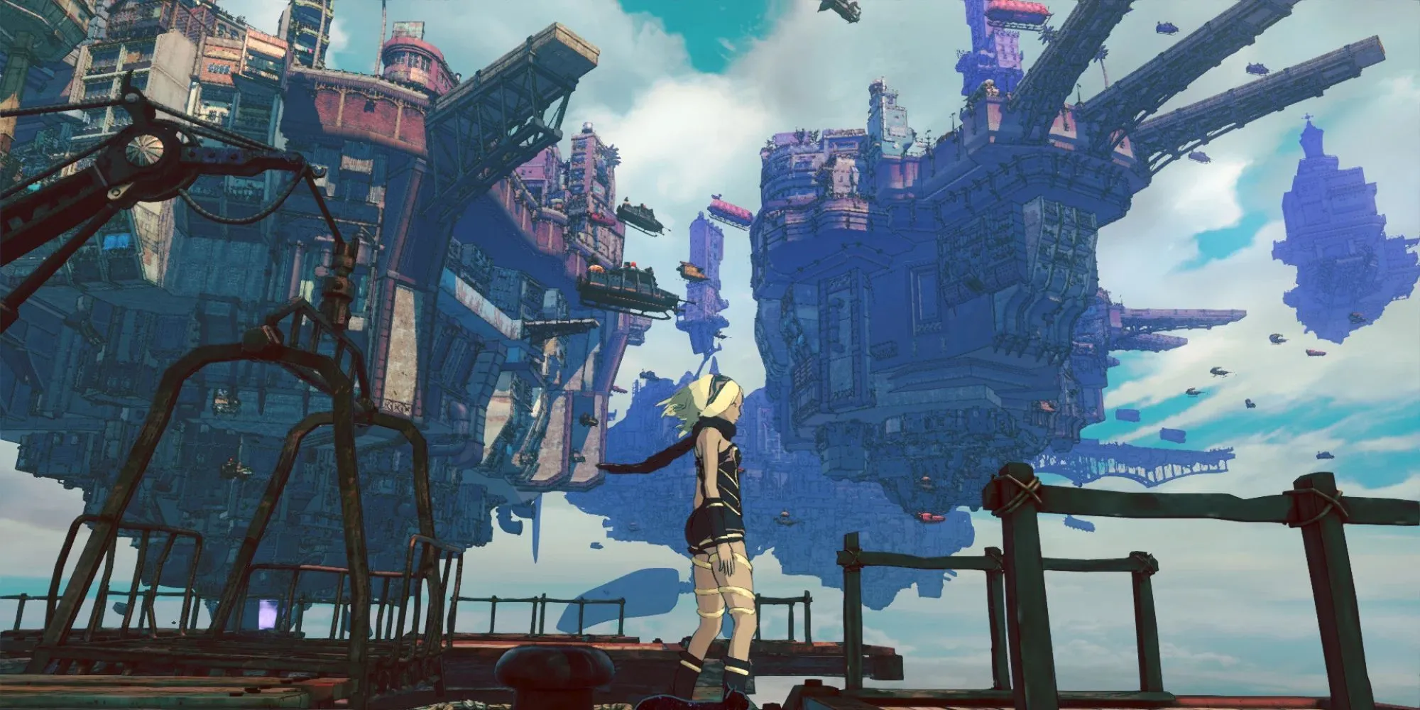 Các hòn đảo lơ lửng trên bầu trời trong game open world Gravity Rush 2