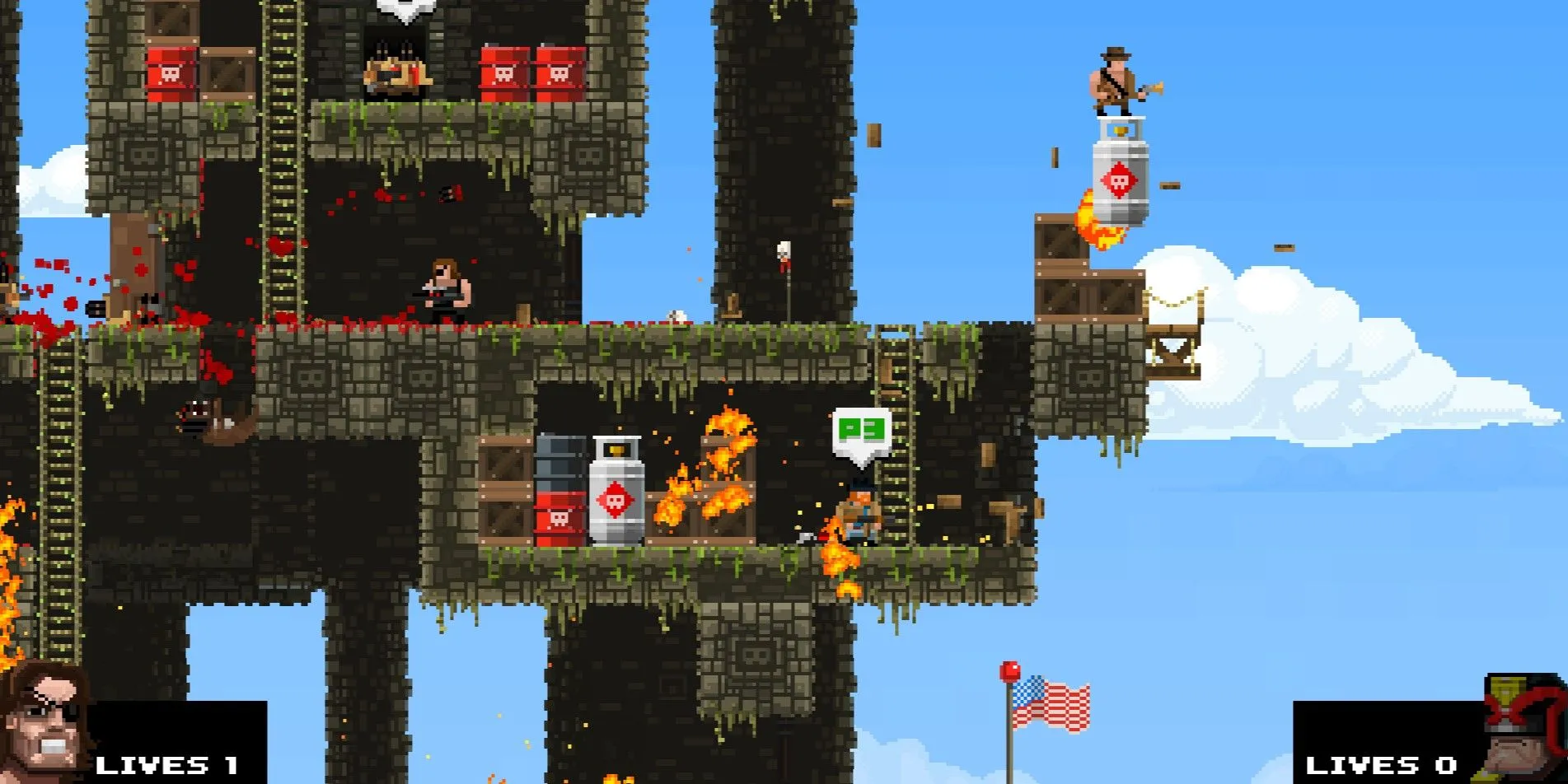 Các nhân vật Broforce trong một cảnh hành động cháy nổ dữ dội với môi trường bị phá hủy