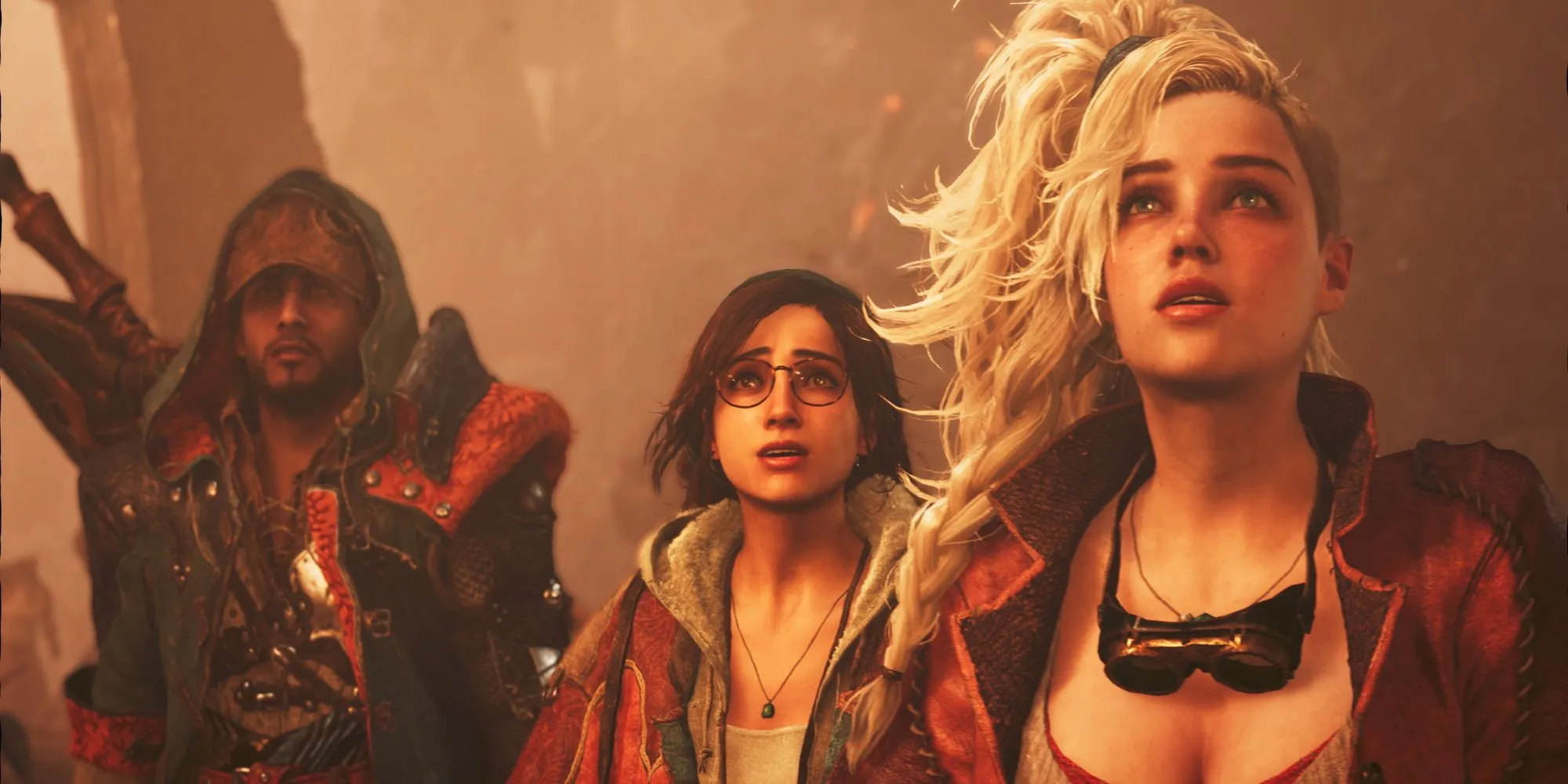 Các nhân vật trong Monster Hunter Wilds với biểu cảm lo lắng đối mặt thử thách