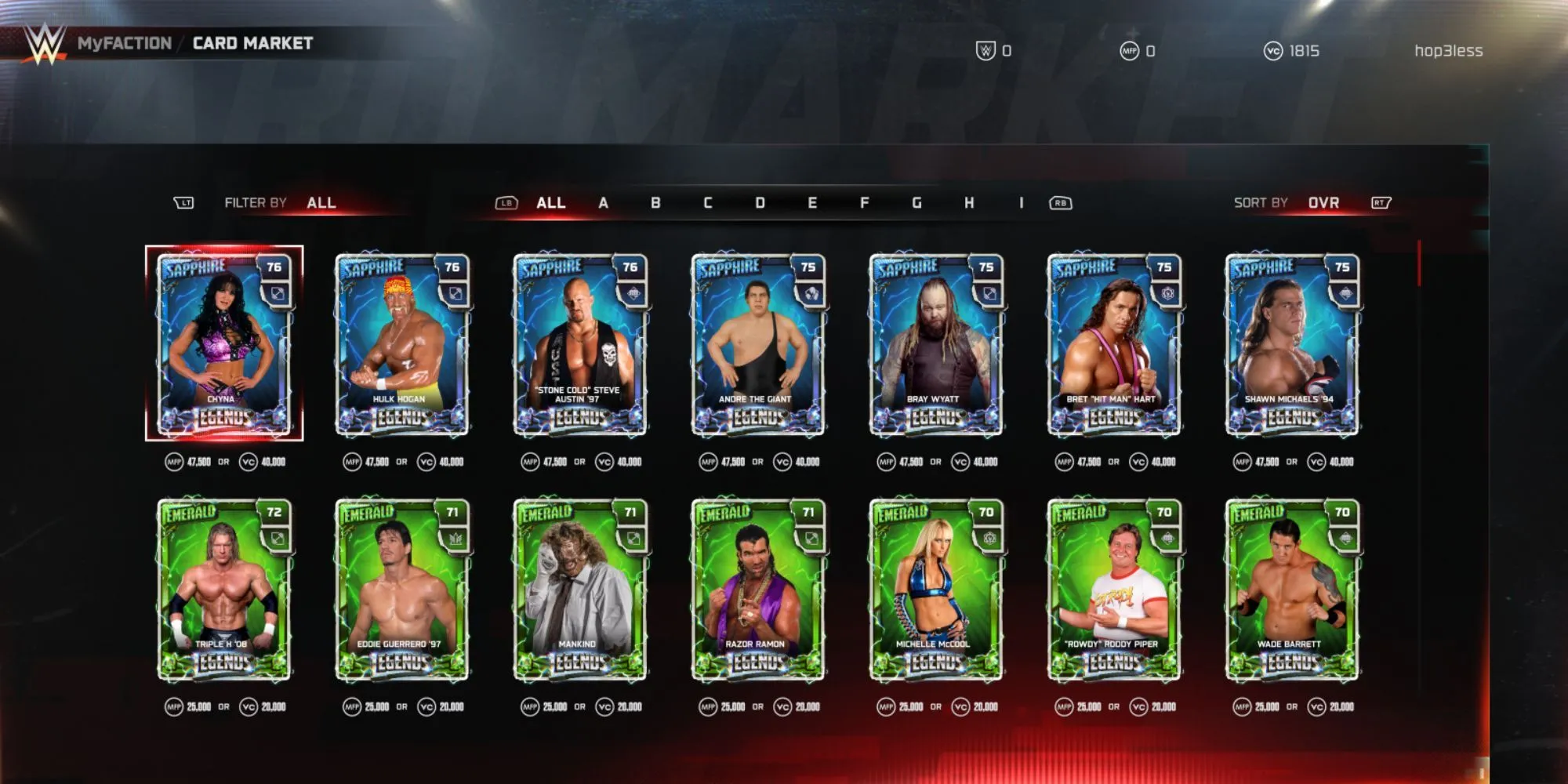 Các thẻ bài đô vật có thể mua bằng VC trong thị trường MyFACTION của WWE 2K25