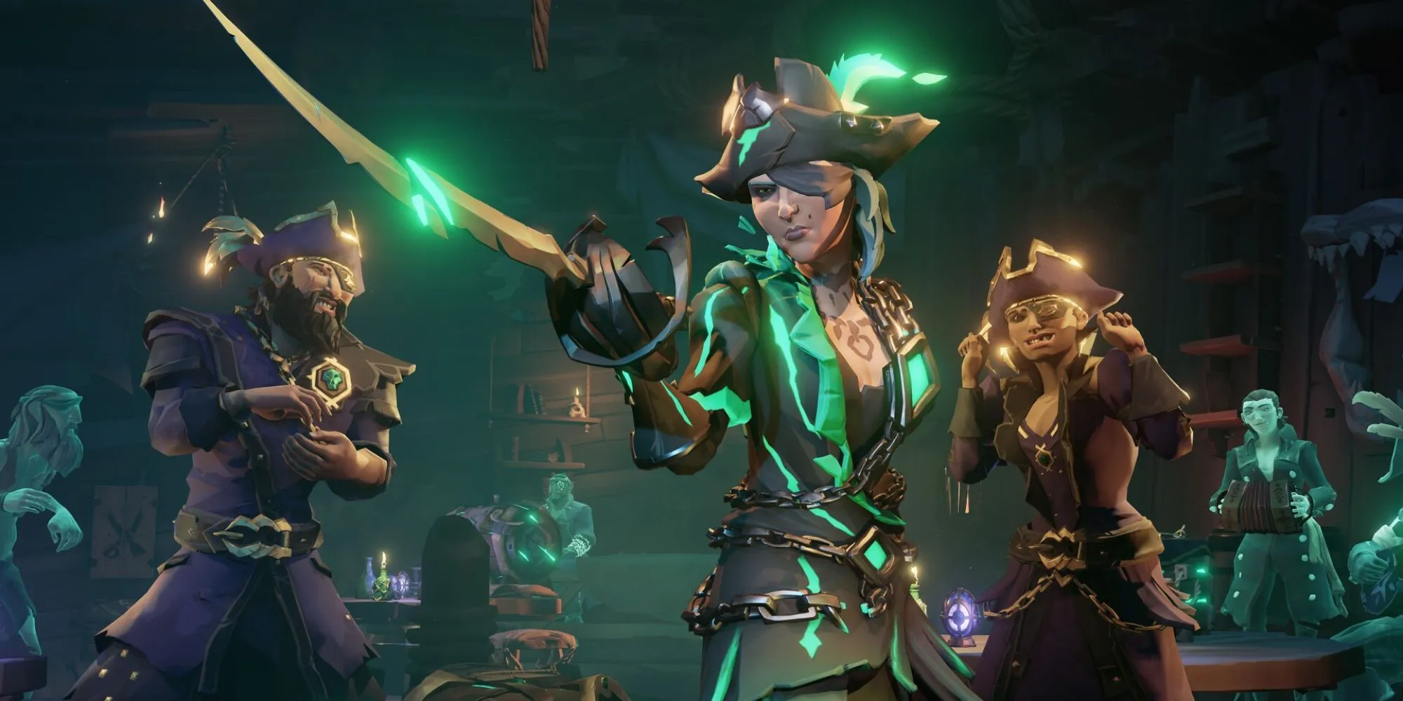 Cảnh biển trong Sea of Thieves với một con tàu, thể hiện thế giới mở và chủ đề cướp biển.