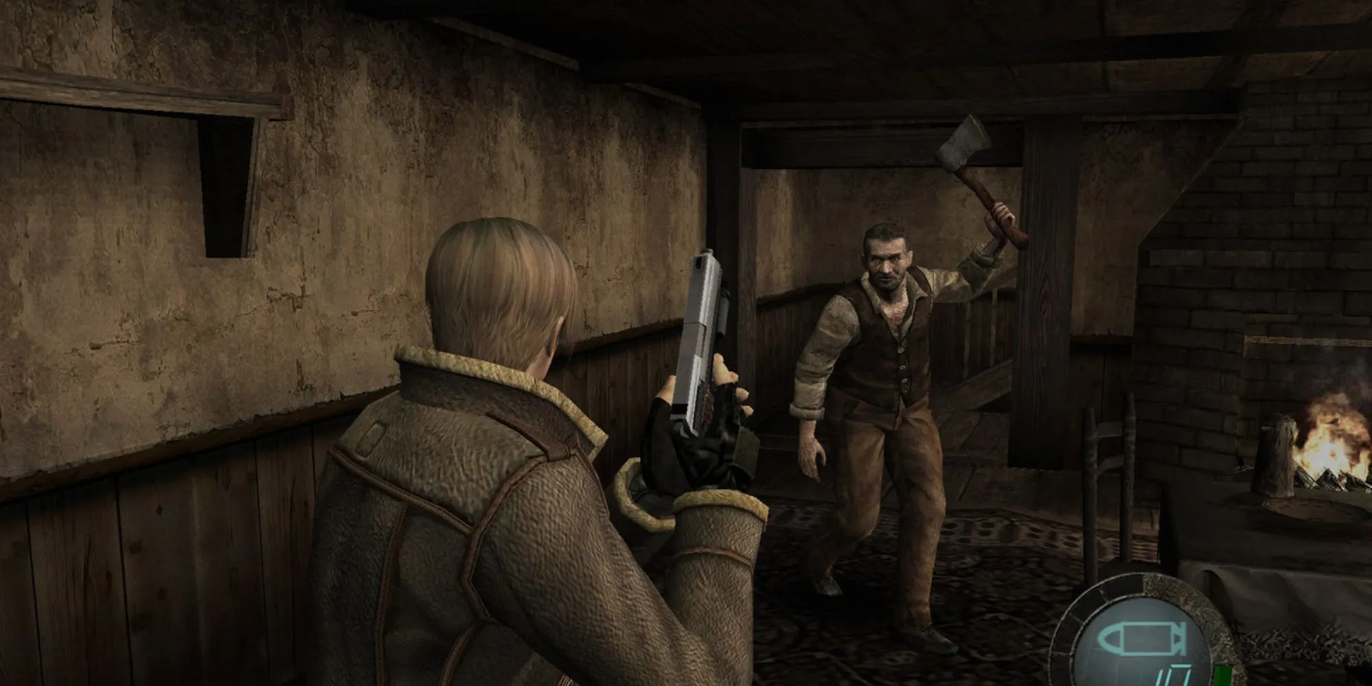 Cảnh chiến đấu góc nhìn qua vai trong Resident Evil 4, tựa game kinh dị sinh tồn kinh điển PS2