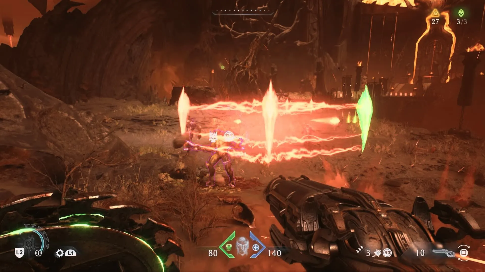 Cảnh chiến đấu mãn nhãn giữa Doom Slayer và đám Cultist sử dụng vũ khí laser trong DOOM: The Dark Ages