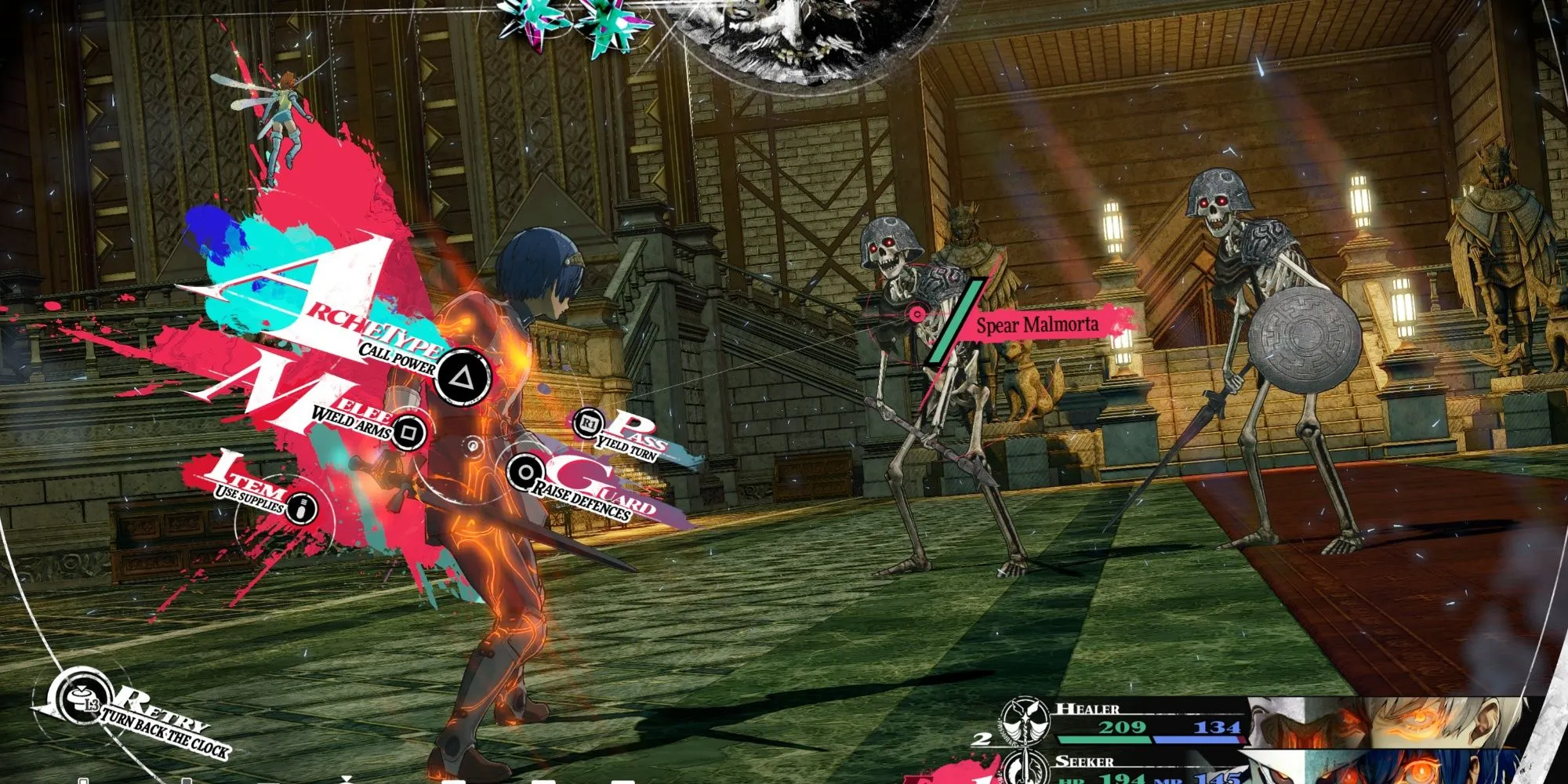 Cảnh chiến đấu trong một hầm ngục của Metaphor: ReFantazio, thể hiện gameplay RPG đặc trưng