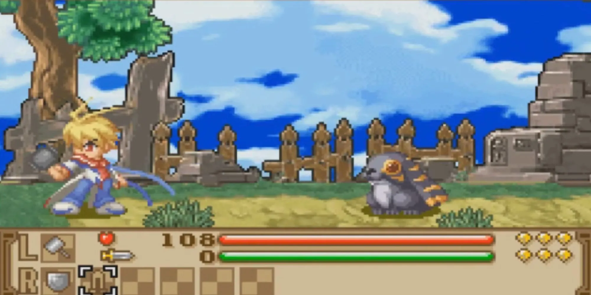 Cảnh chiến đấu trong Summon Night: Swordcraft Story 2 trên GBA, nhân vật chính cùng linh thú triệu hồi đối đầu kẻ địch.