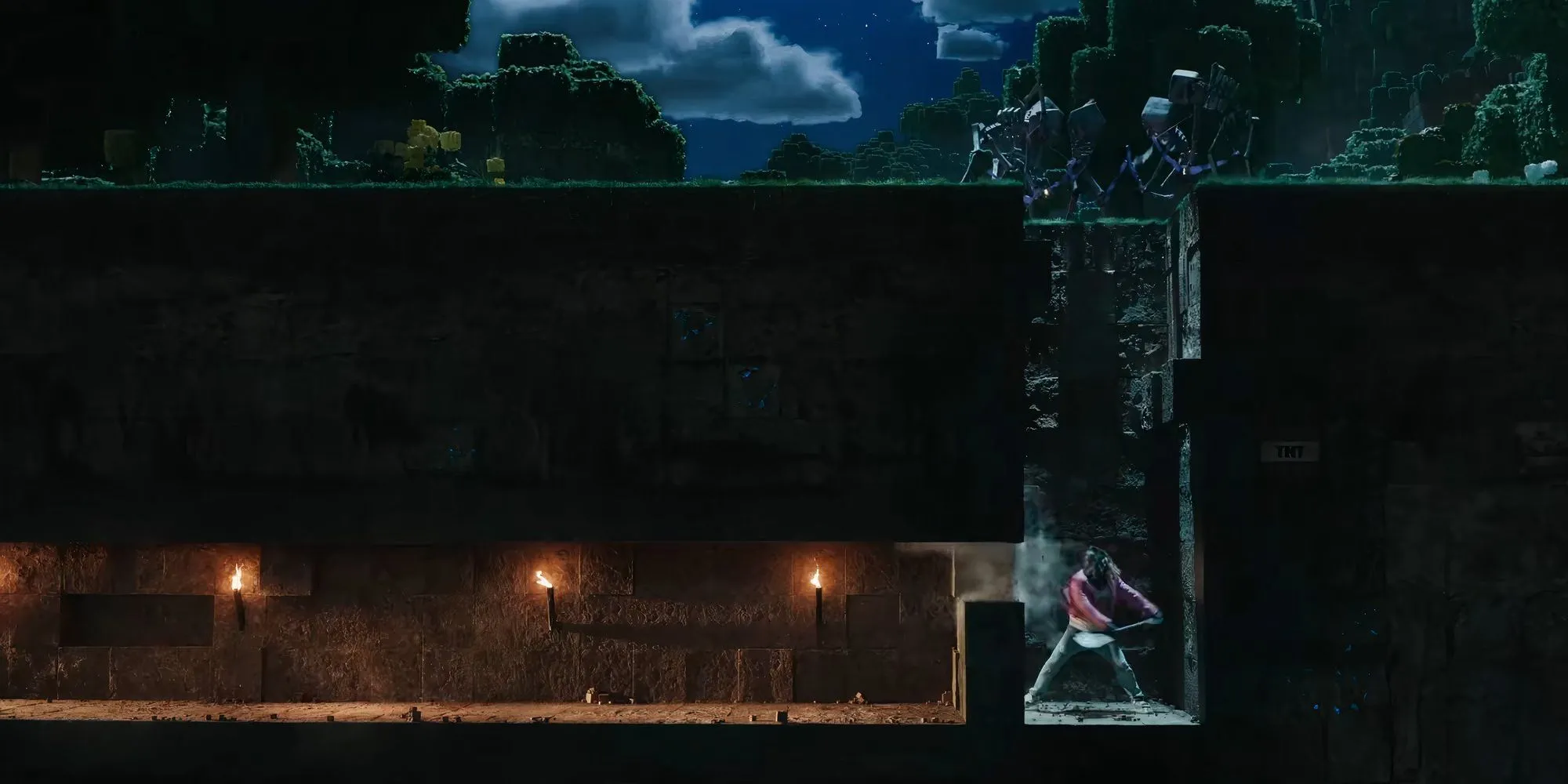 Cảnh đào đất quen thuộc trong phim A Minecraft Movie