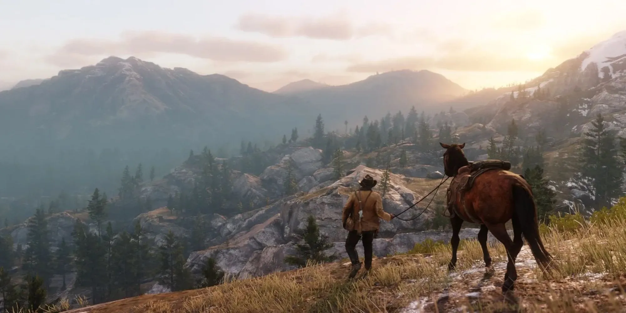 Cảnh gameplay trong Red Dead Redemption 2 với nhân vật Arthur Morgan cưỡi ngựa
