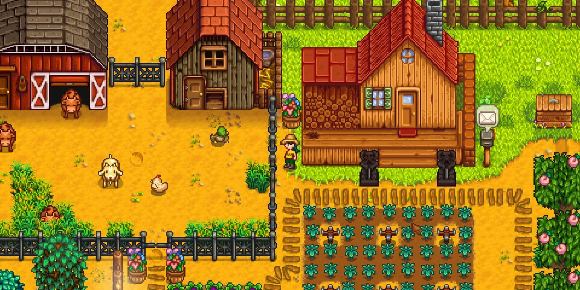 Cảnh nông trại Stardew Valley đang được tưới nước