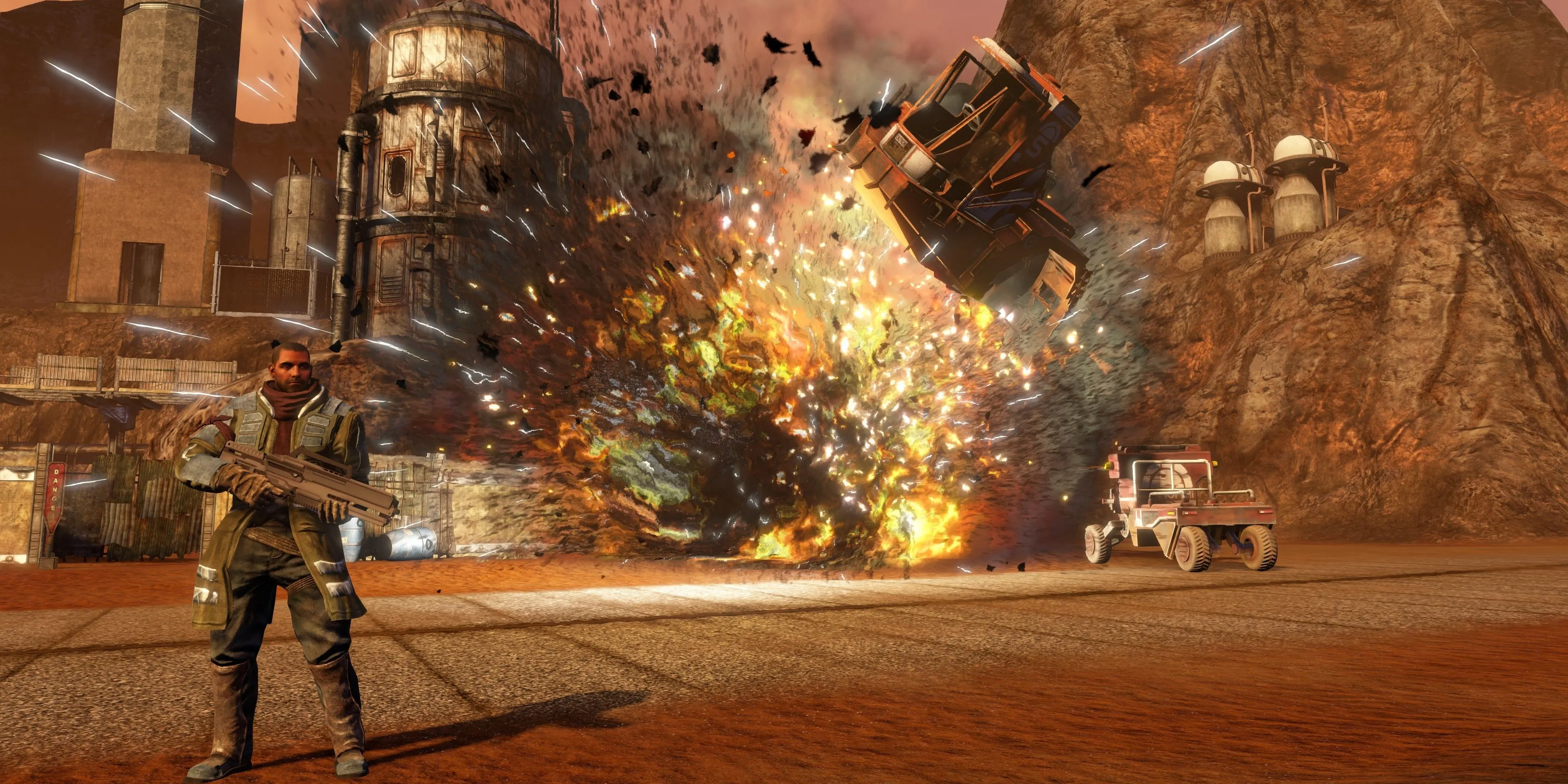 Cảnh phá hủy xe địch bằng chất nổ trong Red Faction: Guerrilla, minh họa cơ chế phá hủy môi trường đặc trưng