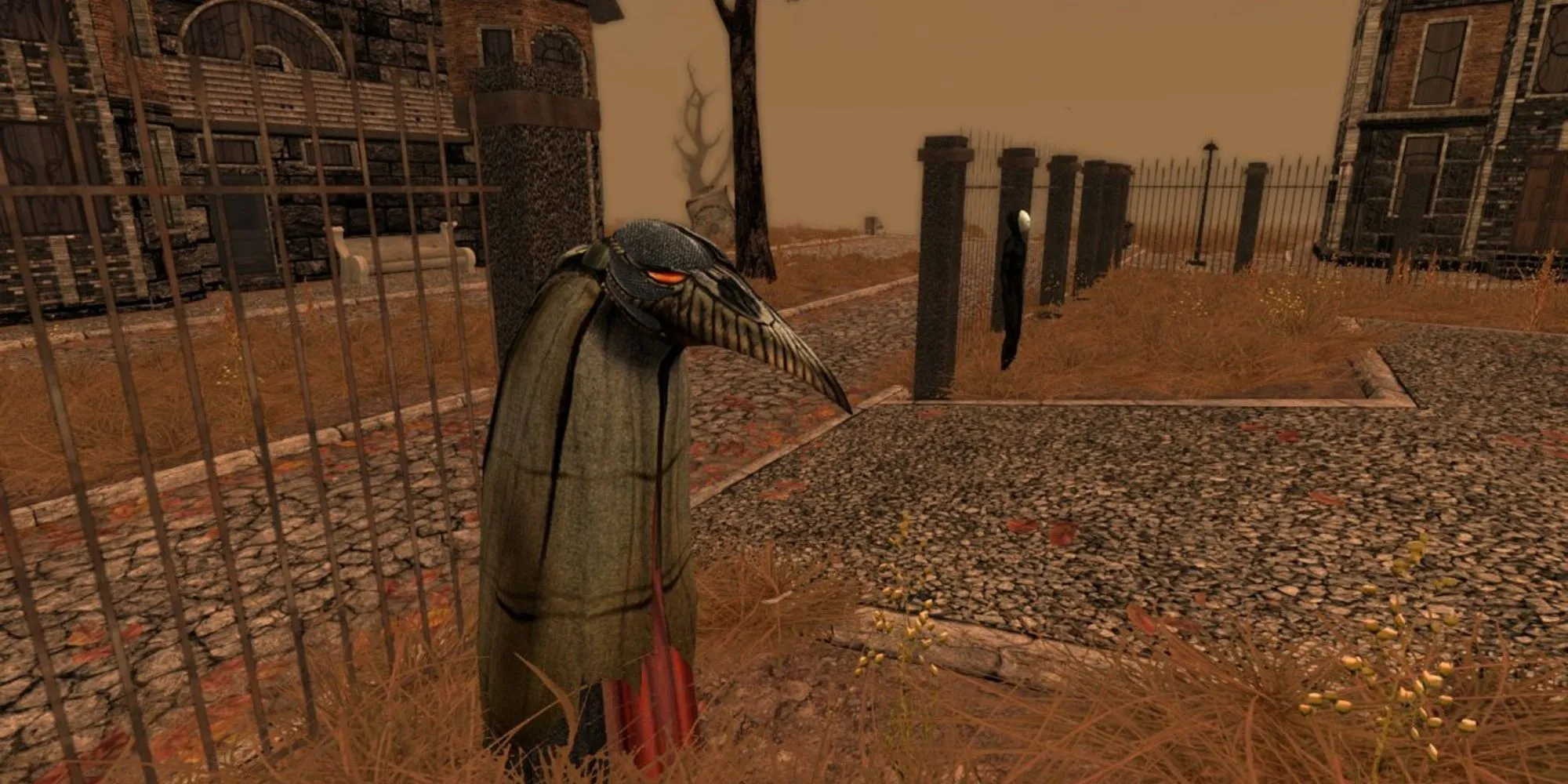Cảnh trong game kinh dị Pathologic với nhân vật mặc đồ chim
