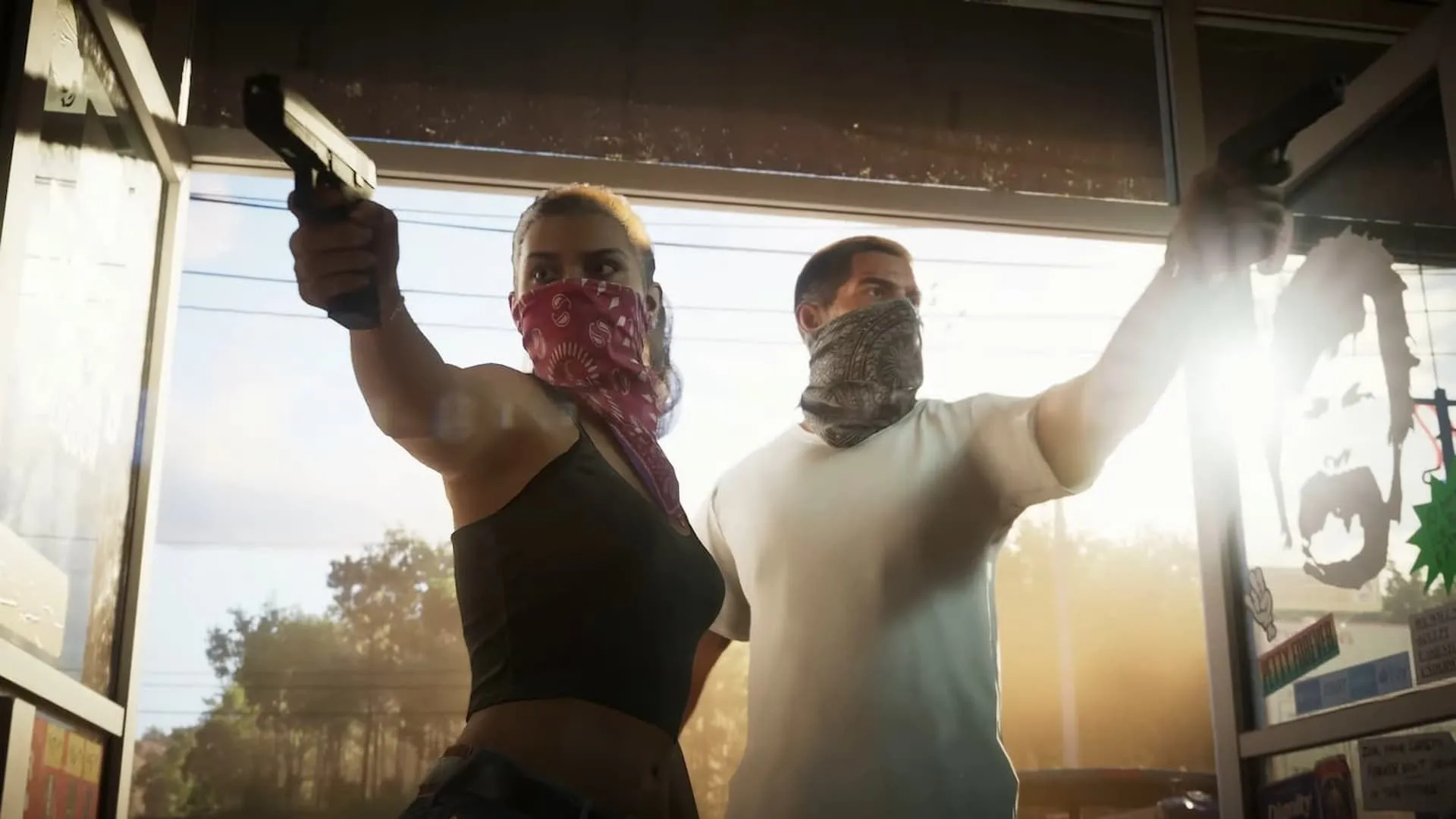 Cặp đôi nhân vật chính Jason và Lucia trong trailer GTA 6 với bối cảnh thành phố Vice City