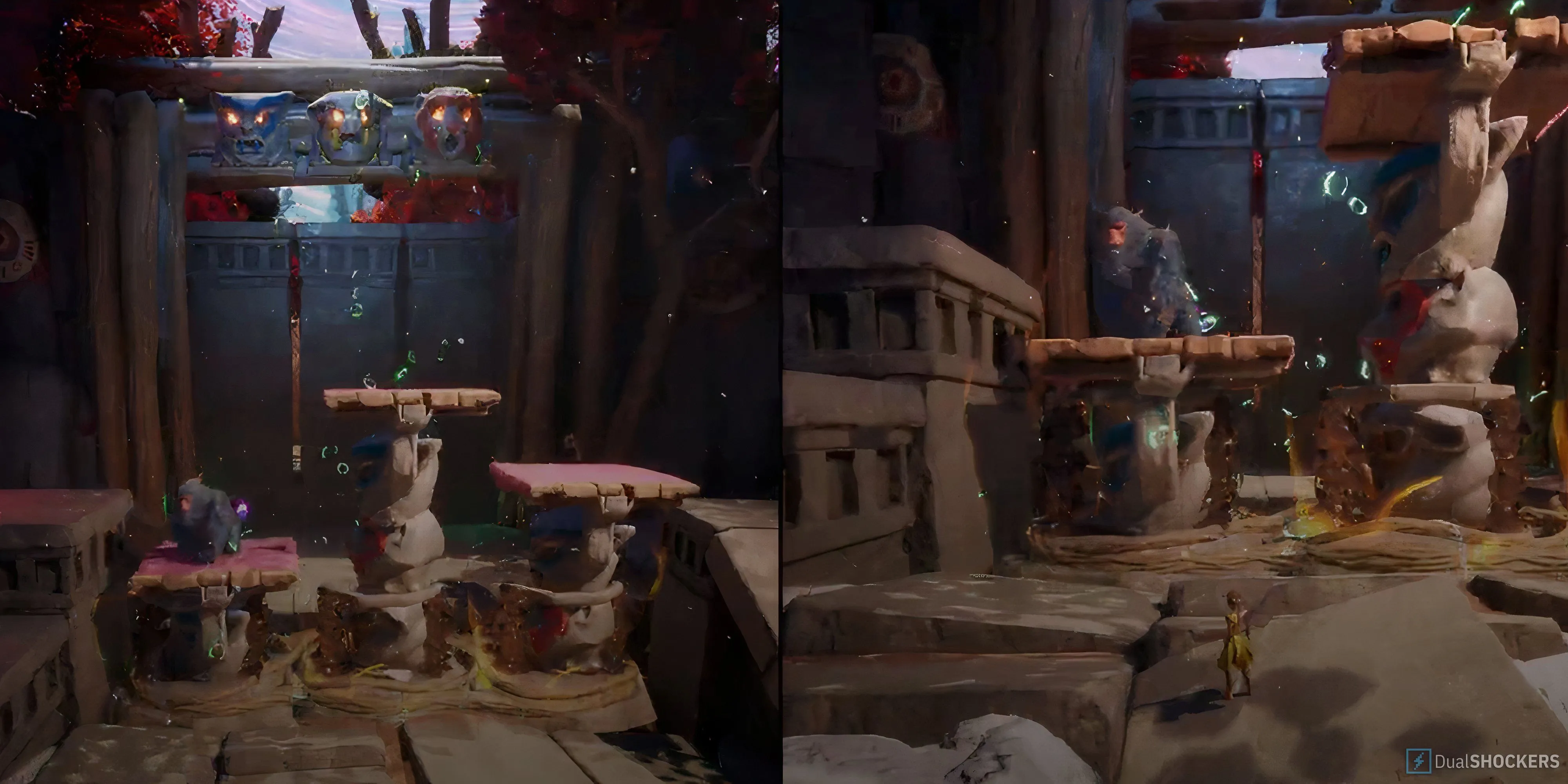 Câu đố Totem Pole trong Split Fiction đã được giải hoàn chỉnh với các mặt màu xanh dương vàng đỏ đúng vị trí