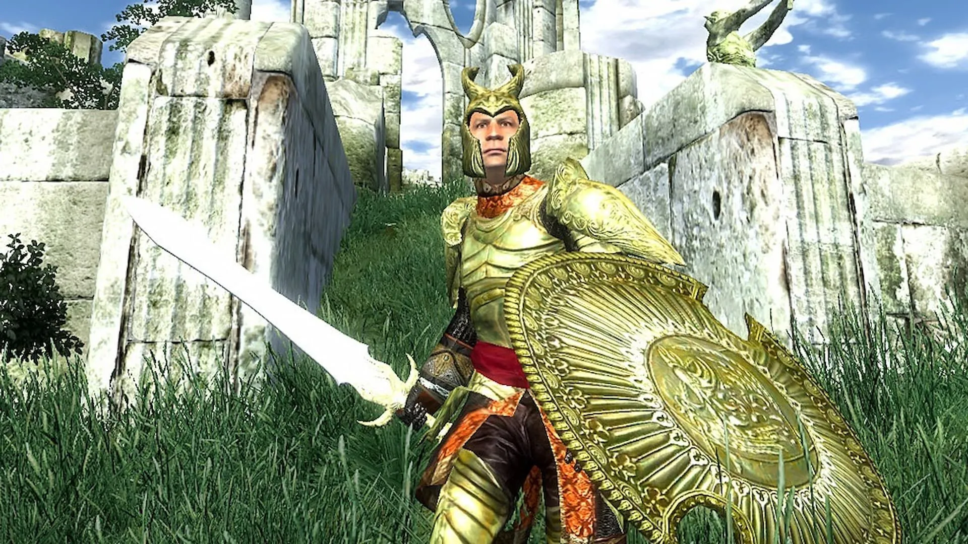 Chiến binh trong The Elder Scrolls IV Oblivion với giáp vàng