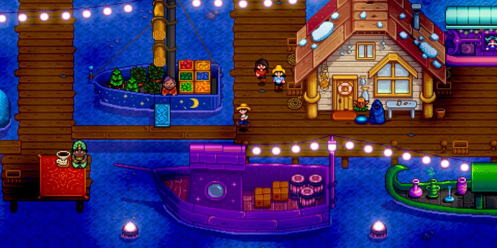 Chợ đêm Stardew Valley với những con tàu trên mặt nước và các gian hàng