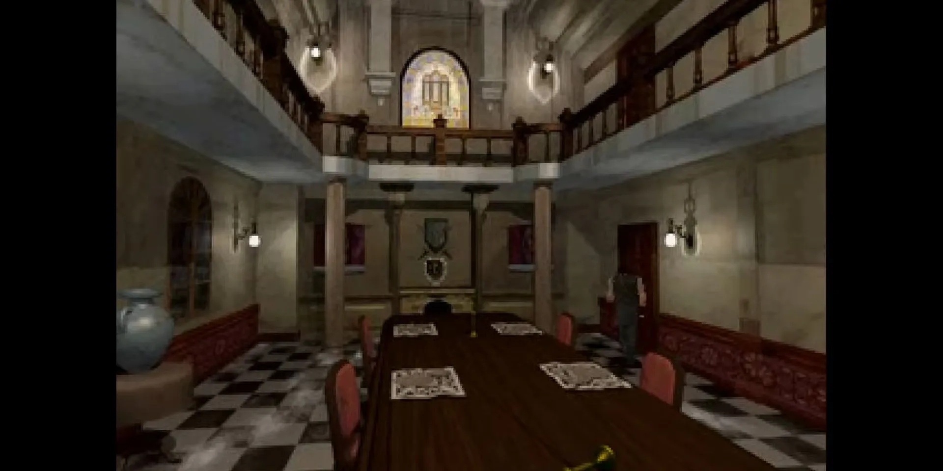 Chris Redfield trong phòng ăn tại dinh thự Spencer ở Resident Evil 1 (1996), thể hiện góc camera cố định và nền tĩnh chi tiết