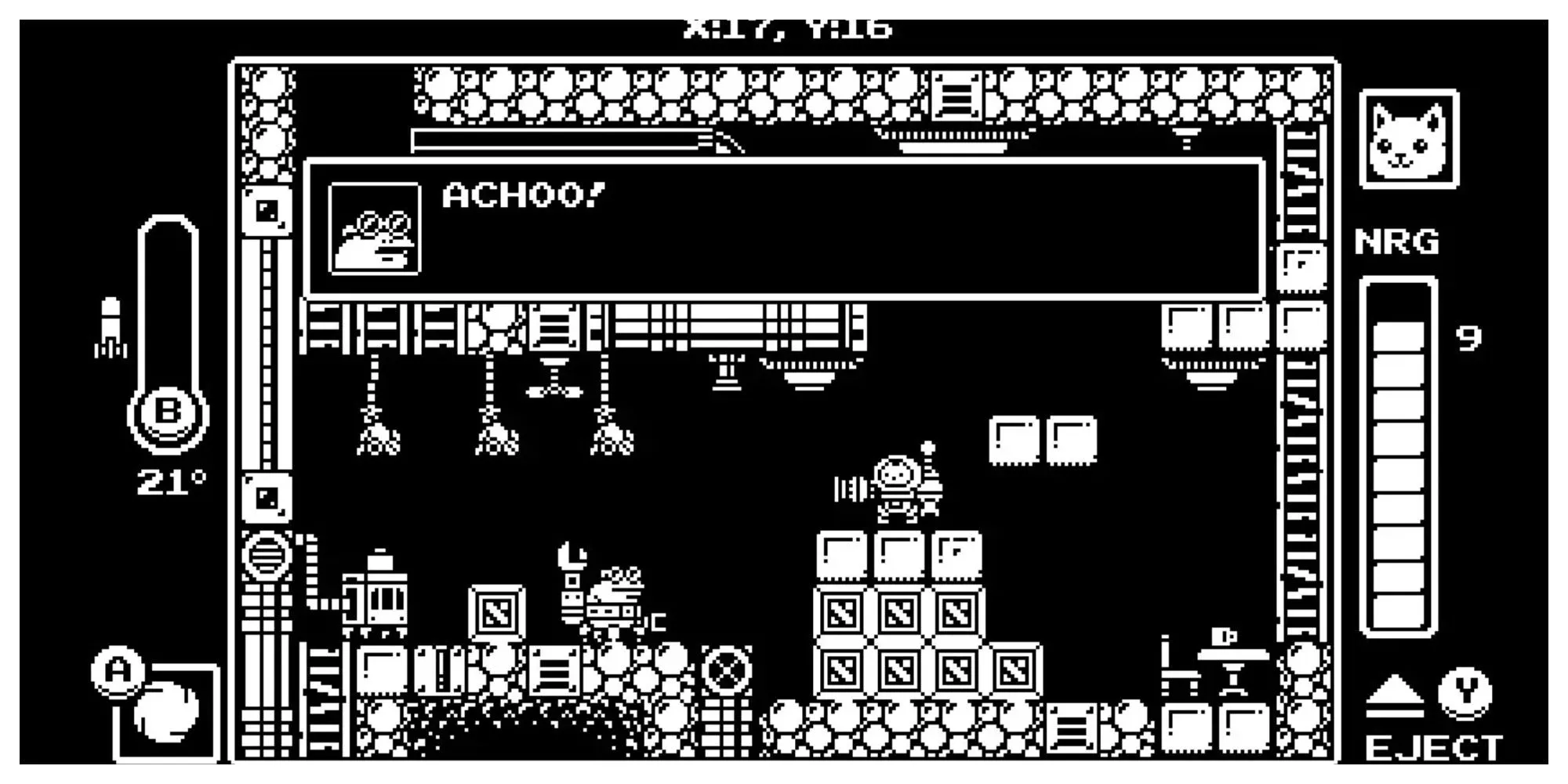 Chú mèo Kiki trong bộ giáp robot chiến đấu trong Gato Roboto, nổi bật với đồ họa pixel art đen trắng độc đáo